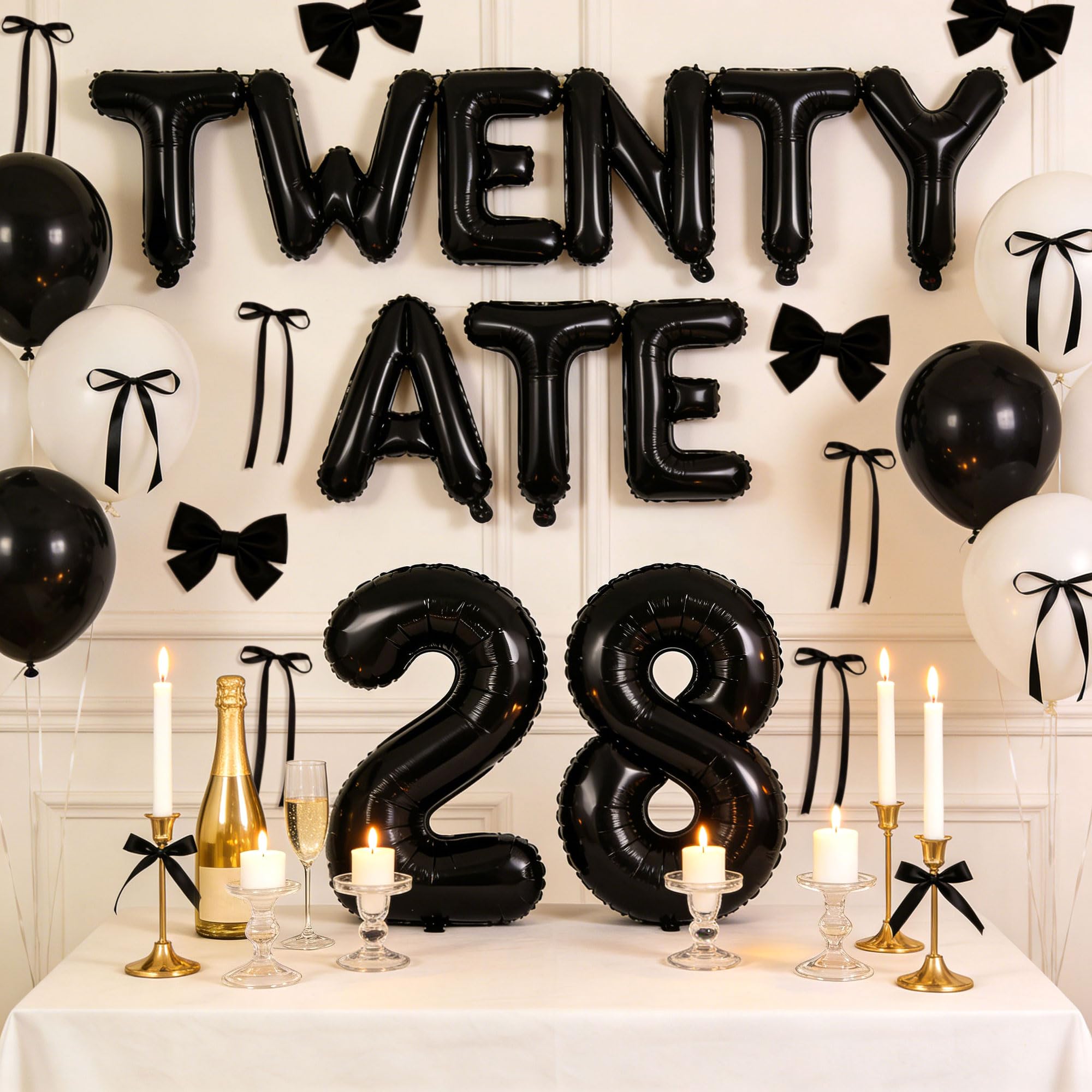 LaVenty Black Twenty Ate Birthday Banner Blloons 28th Birthday Decorations for Women Coquette Twenty Eight Decor Sign Black Bows Party ideas Supplies Favors