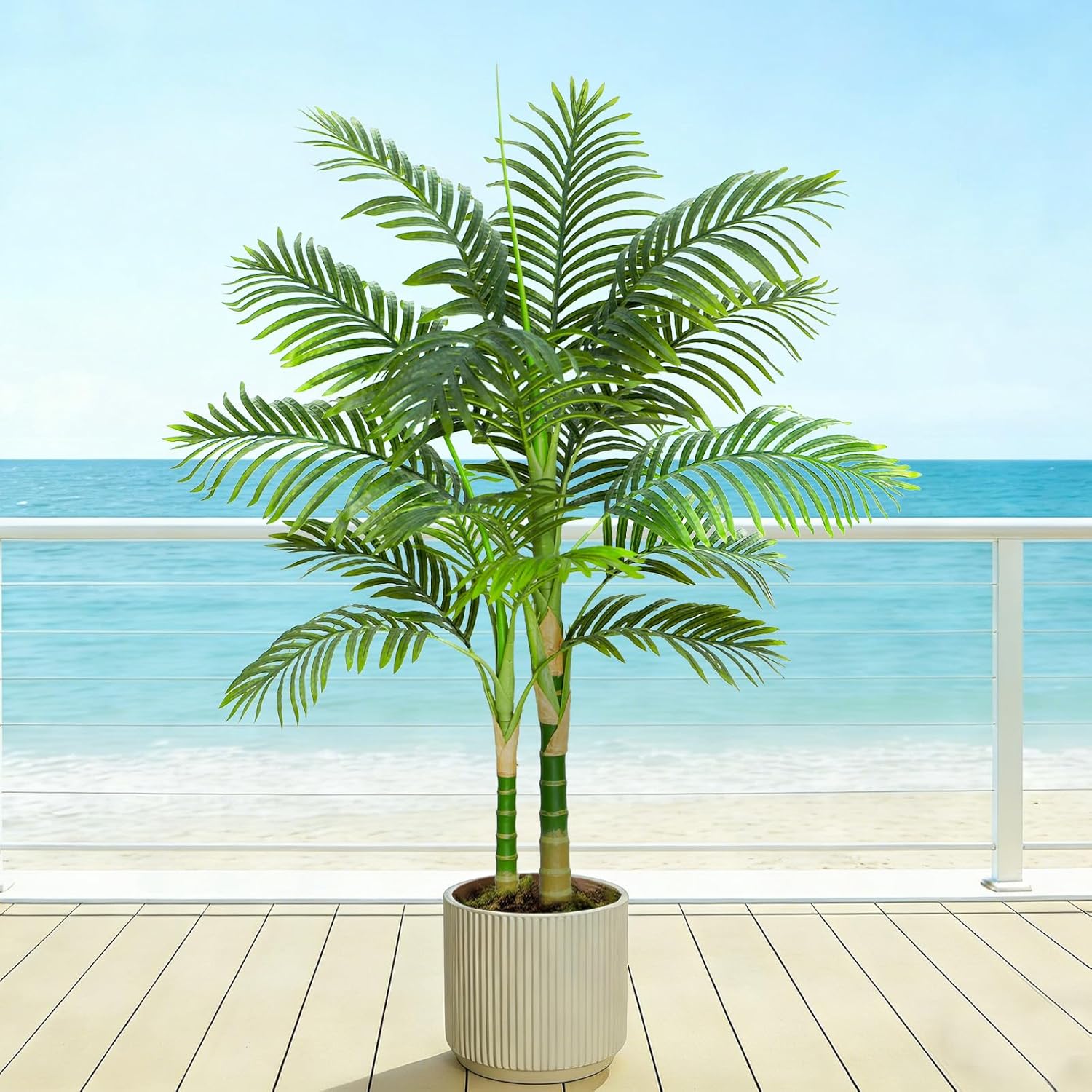 Artificial Palm Tree Indoor Plant Tall Fake Tropical Palm Tree in Pot with Real Bark Design Faux Areca Palm Tree for Home Office Living Room Bedroom Farmhouse Modern Outdoor Decor (13 Leaves 4 FT) - Image 2