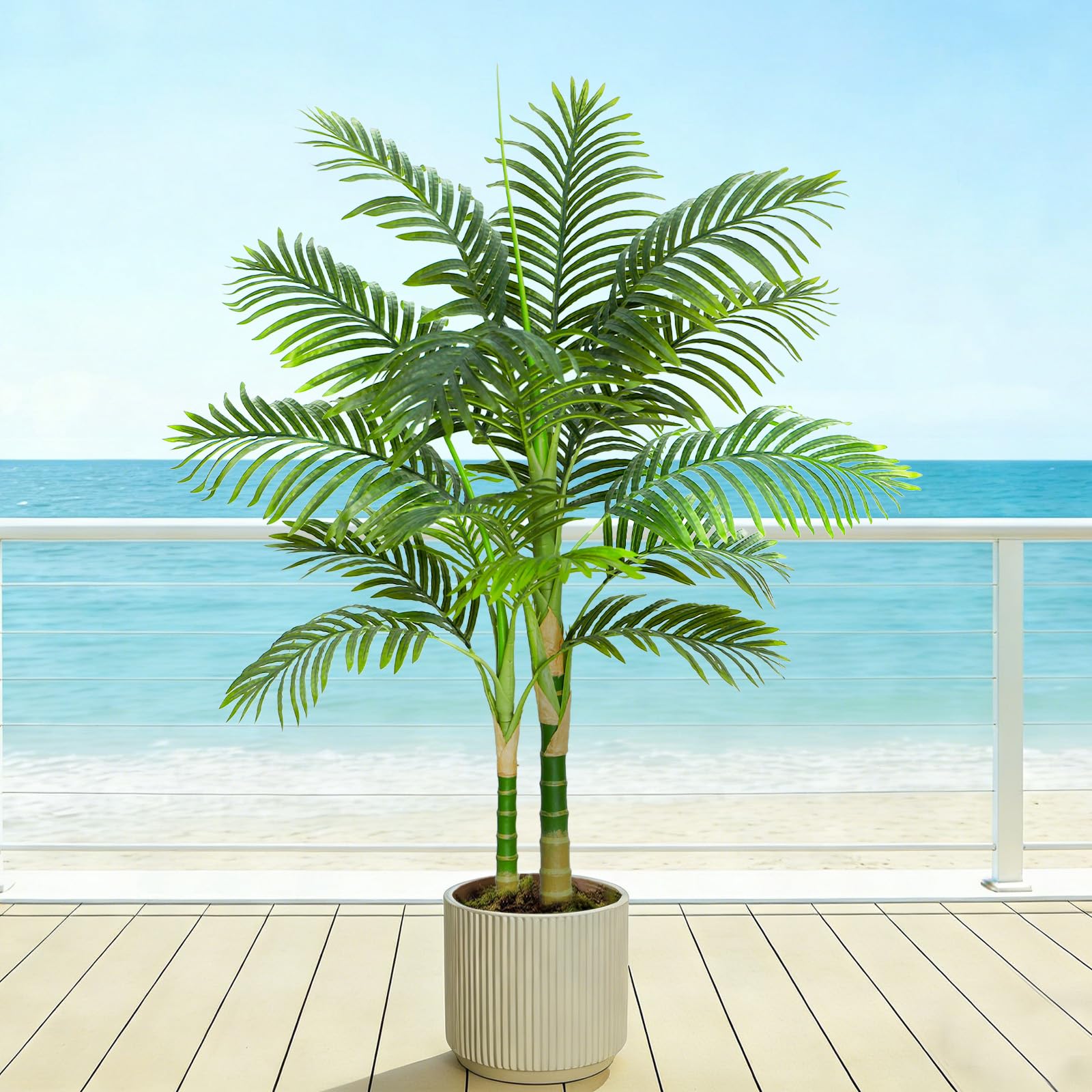 Künstliche Goldene Palme 120cm, Kunstpflanze Groß Palm mit Schwarzer Topf | Fake Plant mit 2 Stämme und 15 Blätter, Kunstpflanzen Wie Echt für Zimmerdeko Wohnzimmer Schlafzimmer Büro Balkon Dekoration