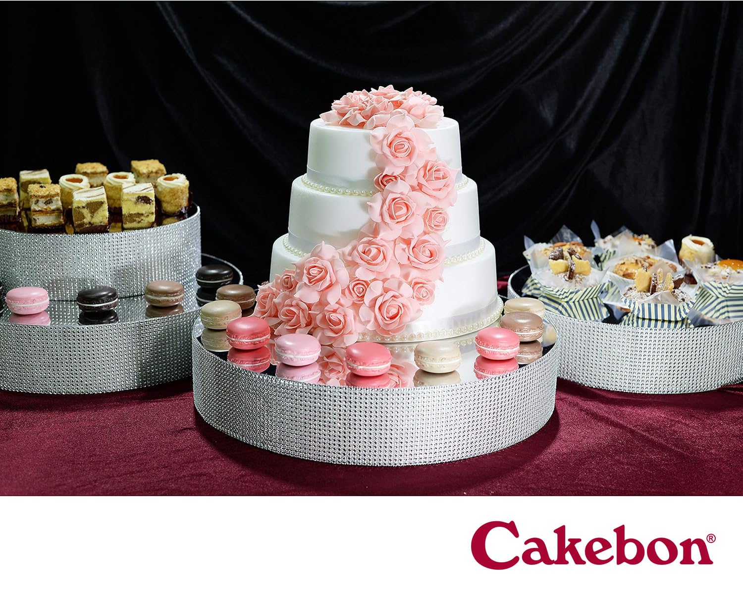 Cakebon Stojak na tort weselny (srebrny - 30 cm - okrągły) - wspaniały element centralny na torty weselne, babeczki i desery, mocna, lekka pianka polistyrenowa ze sztucznymi cyrkoniami