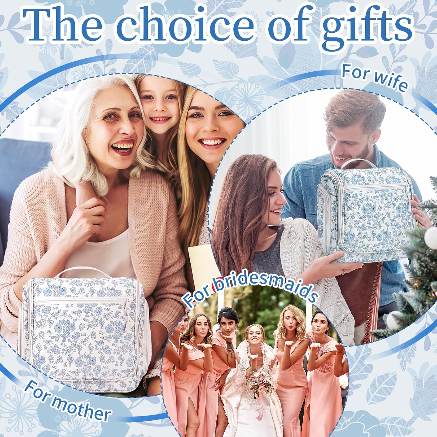 Eccliy Blue Floral Travel Toiletry Bag for Women Quilted Makeup Bag with 19 Compartments and Hook Christmas Gift for Women Toiletry Organizer for Cosmetics Bathroom Shower Travel Accessory Essentials - Image 7