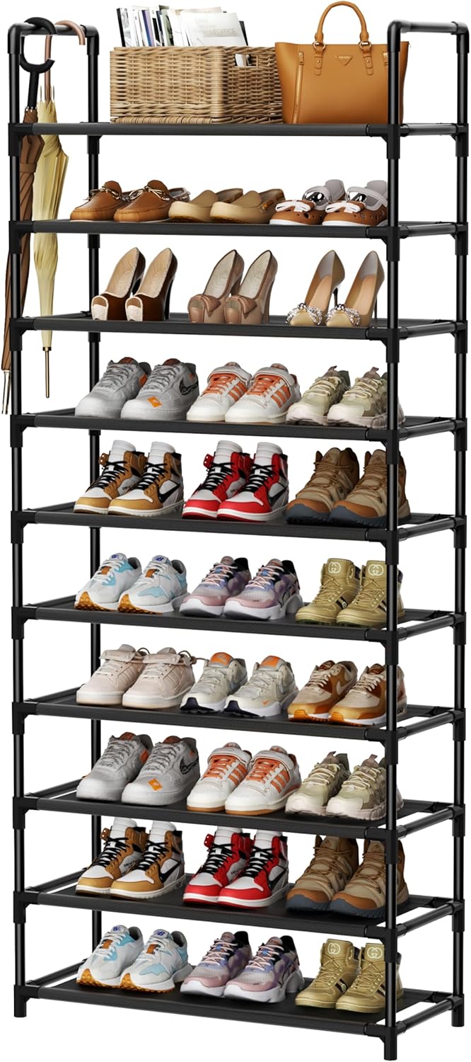 Shoe Rack, 10 Tier Shoe Storage Organizer with Hooks,Fit 40-45 Pairs Shoes,Metal Tall Shoe Shelf for Closet,Entryway, Hallway,Garage,Bedroom,Cloakroom