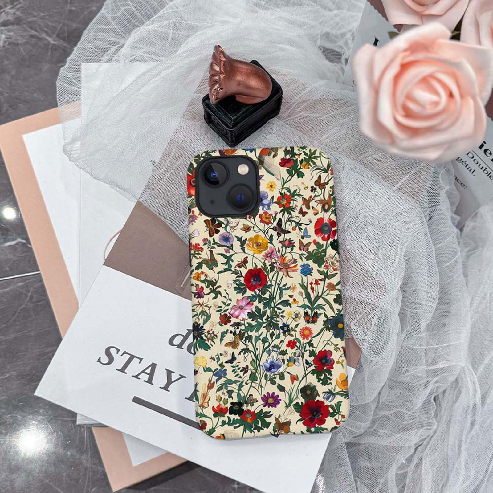 ZHEGAILIAN 2-in-1 Hybrid-Hülle Für IPhone 14/13 – Stoßfest, Weiße Blumen Auf Rot, Rutschfester Griff