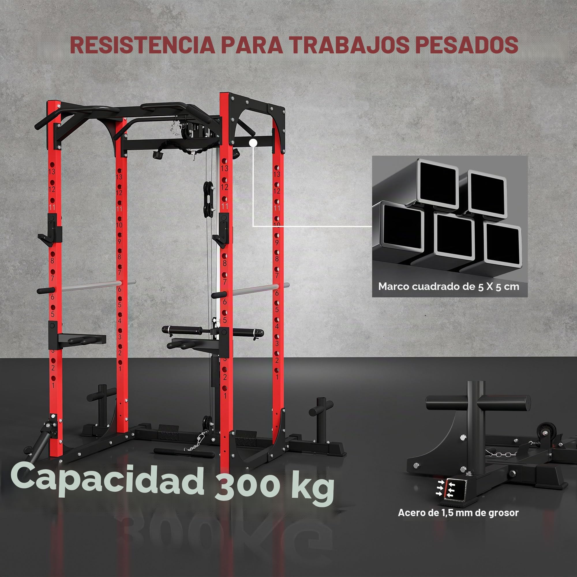 SPORTNOW Power Tower, estación de Fitness con estación de Cables, Soporte para Barras, Mancuernas y Barra de inmersión, Gimnasio Multifuncional de Acero, para Gimnasio en casa, 191x153x205 cm, Rojo y