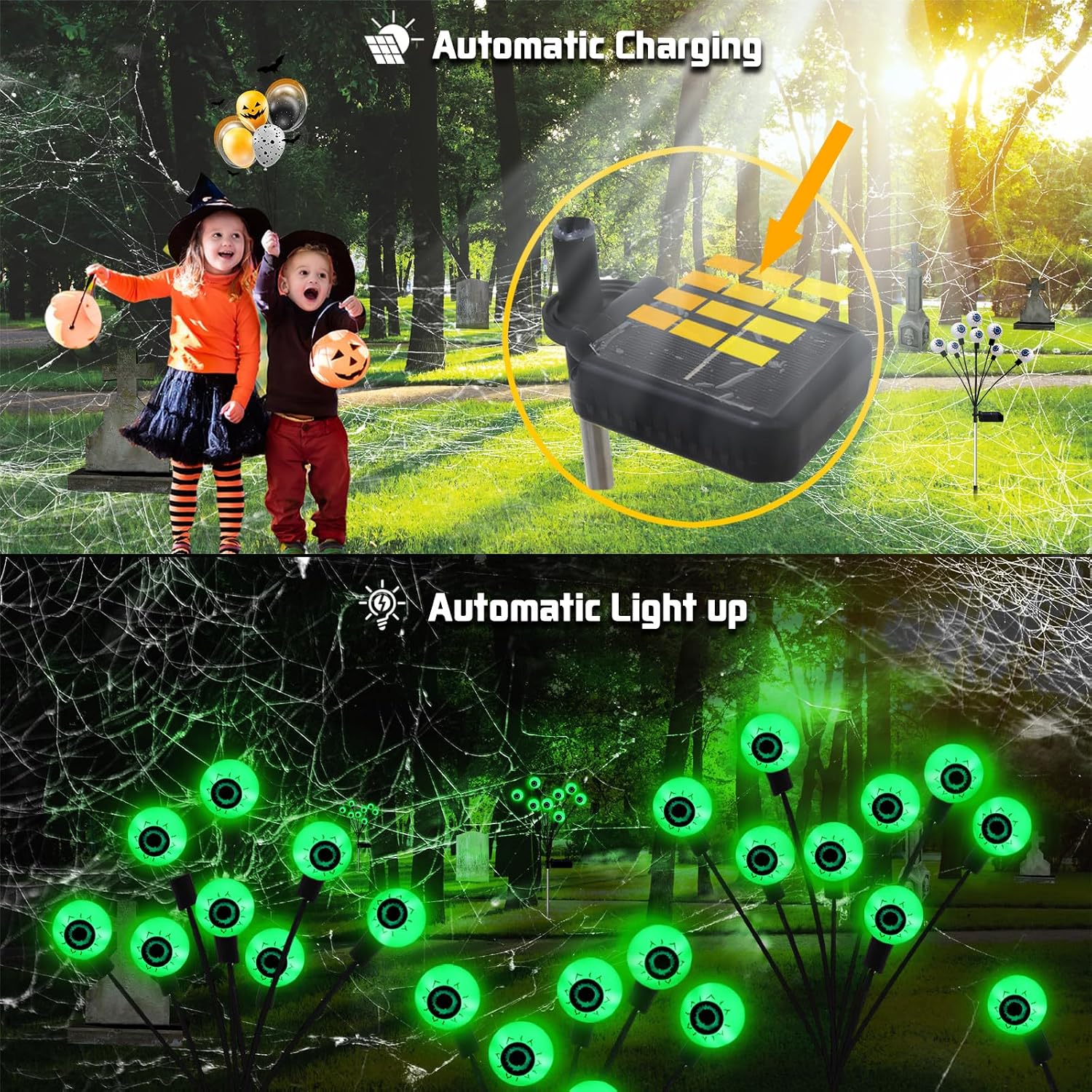 KBG Halloween Decorations Outdoor Solar Eyeball Lights, 2 Pack 16LED Eyeball Swaying Firefly Lights Waterproof, 2 Modes Scary Eyeball Solar Lights for Yard/Garden/Lawn/Party Halloween Decor(Green) image 2