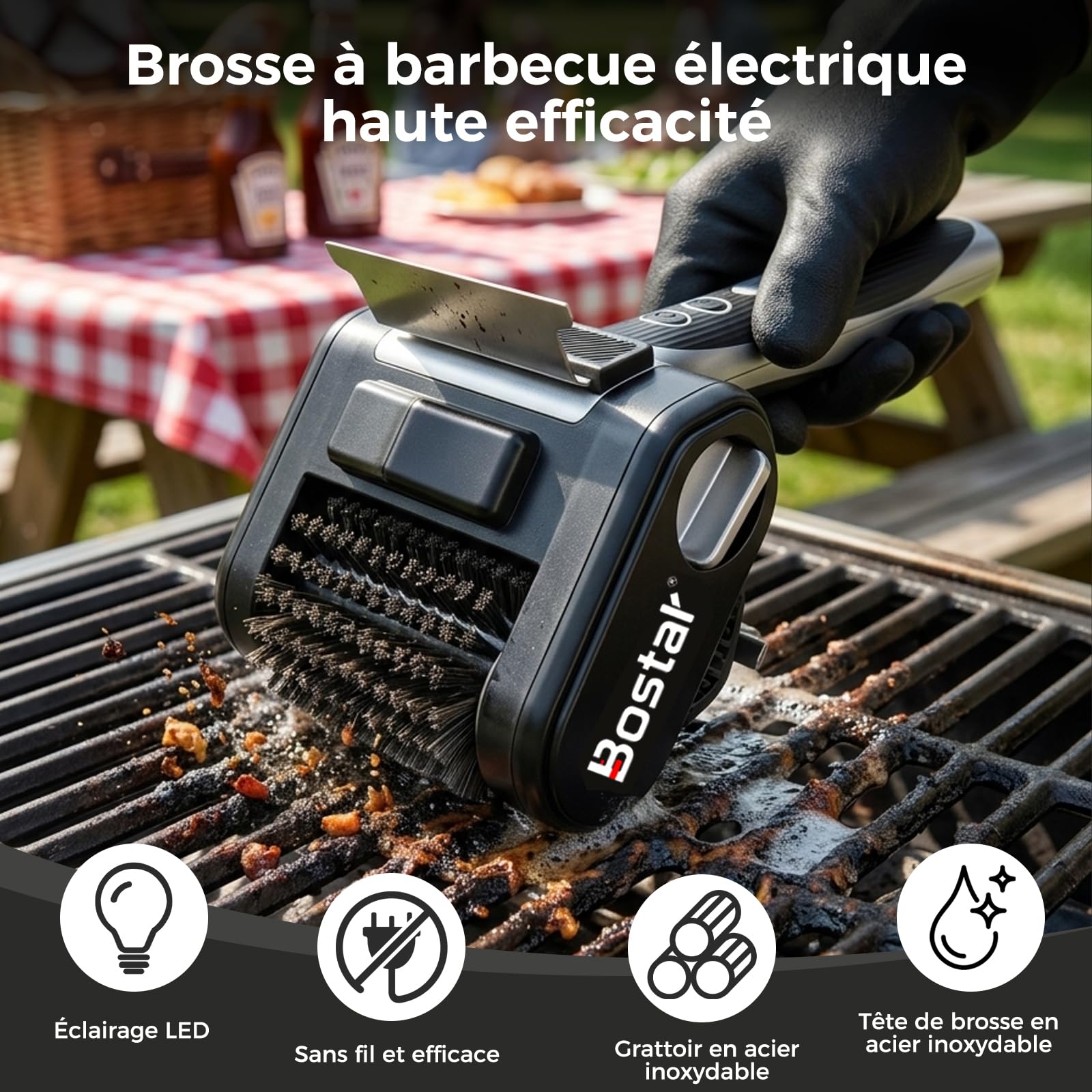 Bostar Brosse Barbecue Électrique sans Fil - 4000mAh Nettoyeur avec Grattoir en INOX & Lampe LED, 450 TR/Min Couple Élevé pour Grille Gaz & Charbon, Inclut 1 Rouleau de Rechange