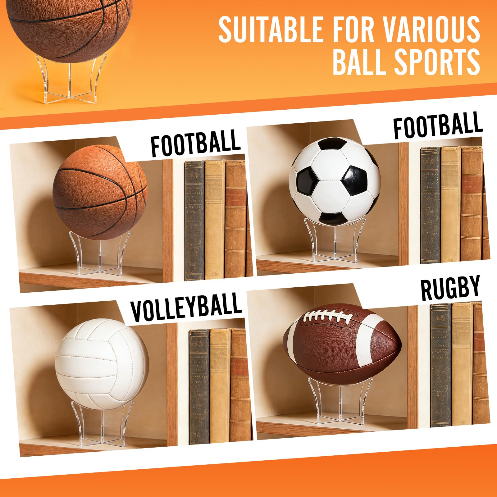 JSMTKJ 4 Pièces Support de Balle en Acrylique, Support de Football, Présentoir Multifonctionnel pour Basketball Volleyball Football Ballon Rugby Ball
