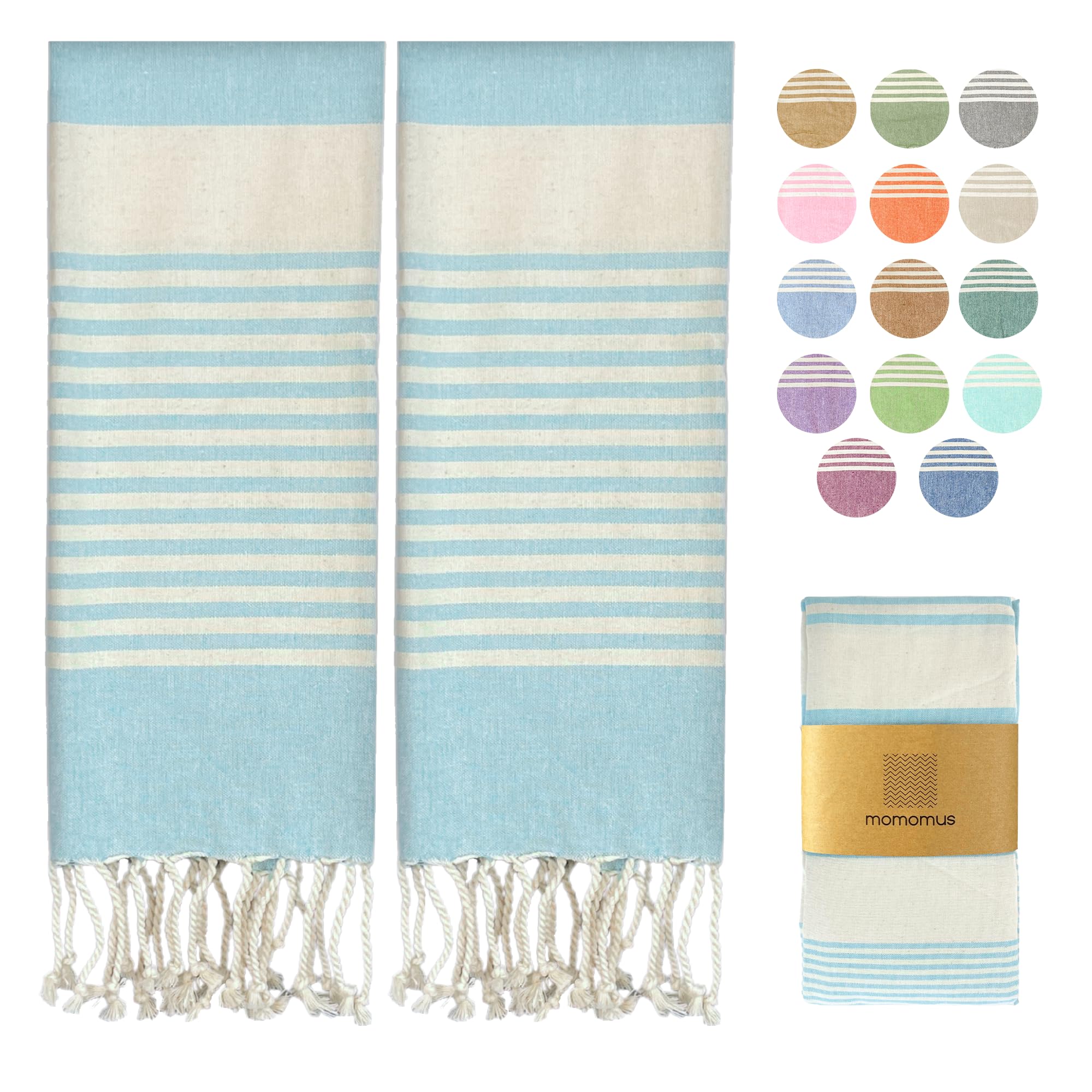 MOMOMUS Pack de 2 Foutas XL o Toallas de Playa Grandes de Algodón 100% - Absorbente, Ultrasuave, Compacta - Ideal como Pareo y Toalla para Sauna, SPA y Piscina - Turquesa, 90x180cm