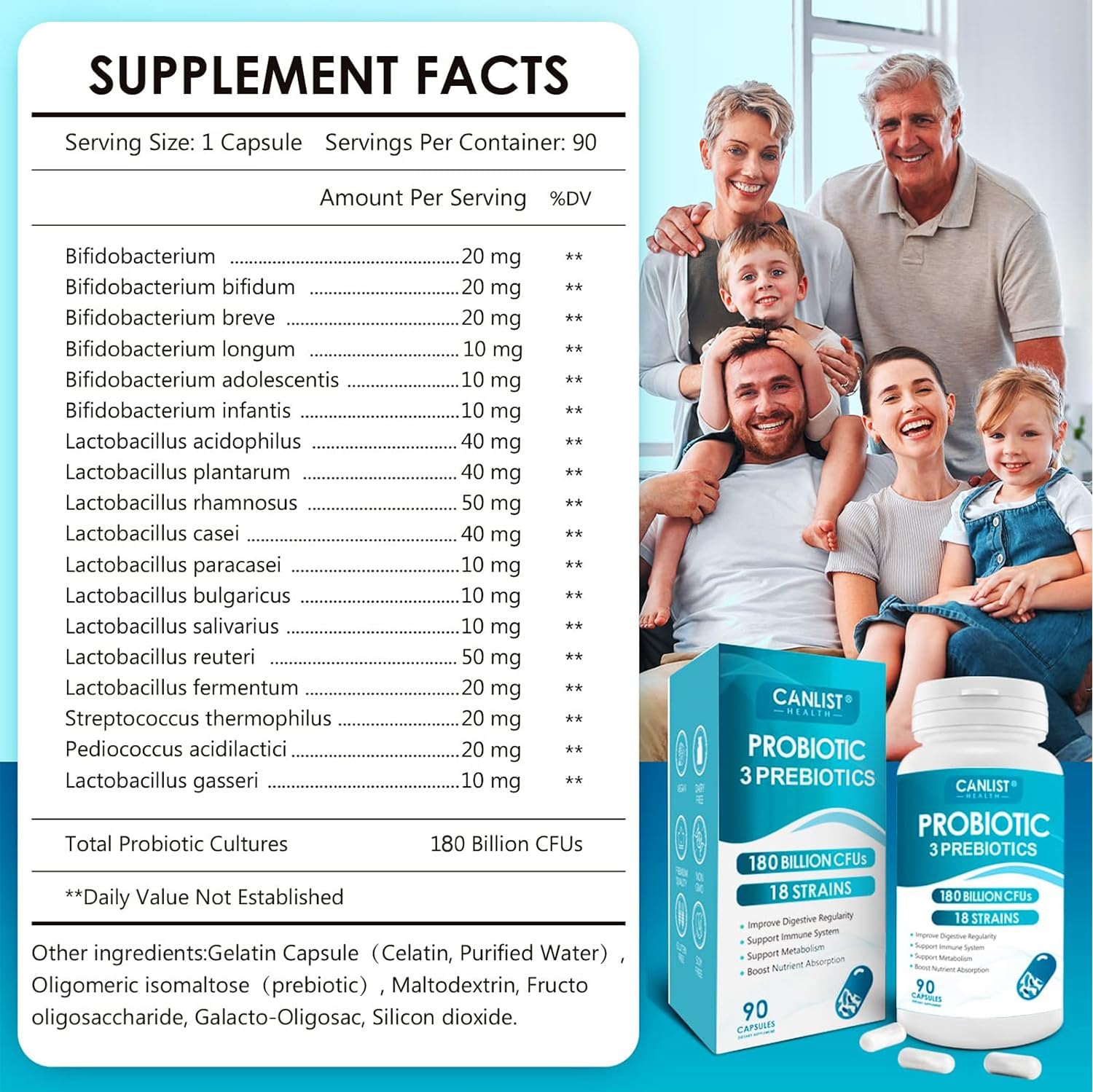 CANLIST Probiotics 180 Billion CFUs 18 Strains, 3 Prebiotics & Digestive Enzymes for Men Women,Digestive & Immune Support,Shelf Stable Non-GMO 90 Capsules — Amazon image 2