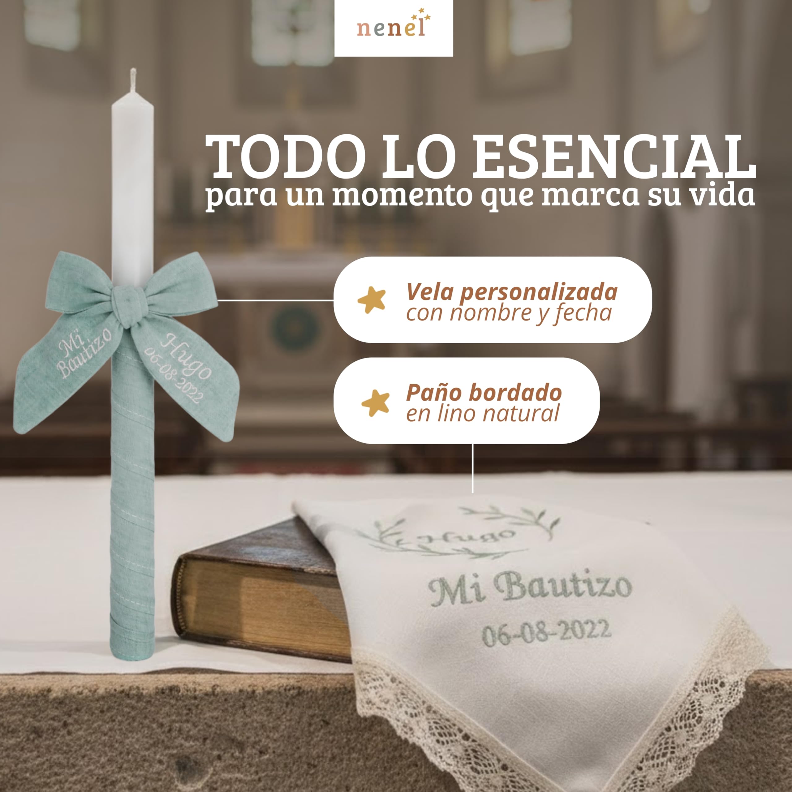 Nenel | Kit de Bautizo Personalizado con Vela y Paño Bordado en Lino Natural – Bambula Verde Menta – Regalo Recuerdo Original Bautismo – Cirio y Toalla Bautismal con Nombre y Fecha