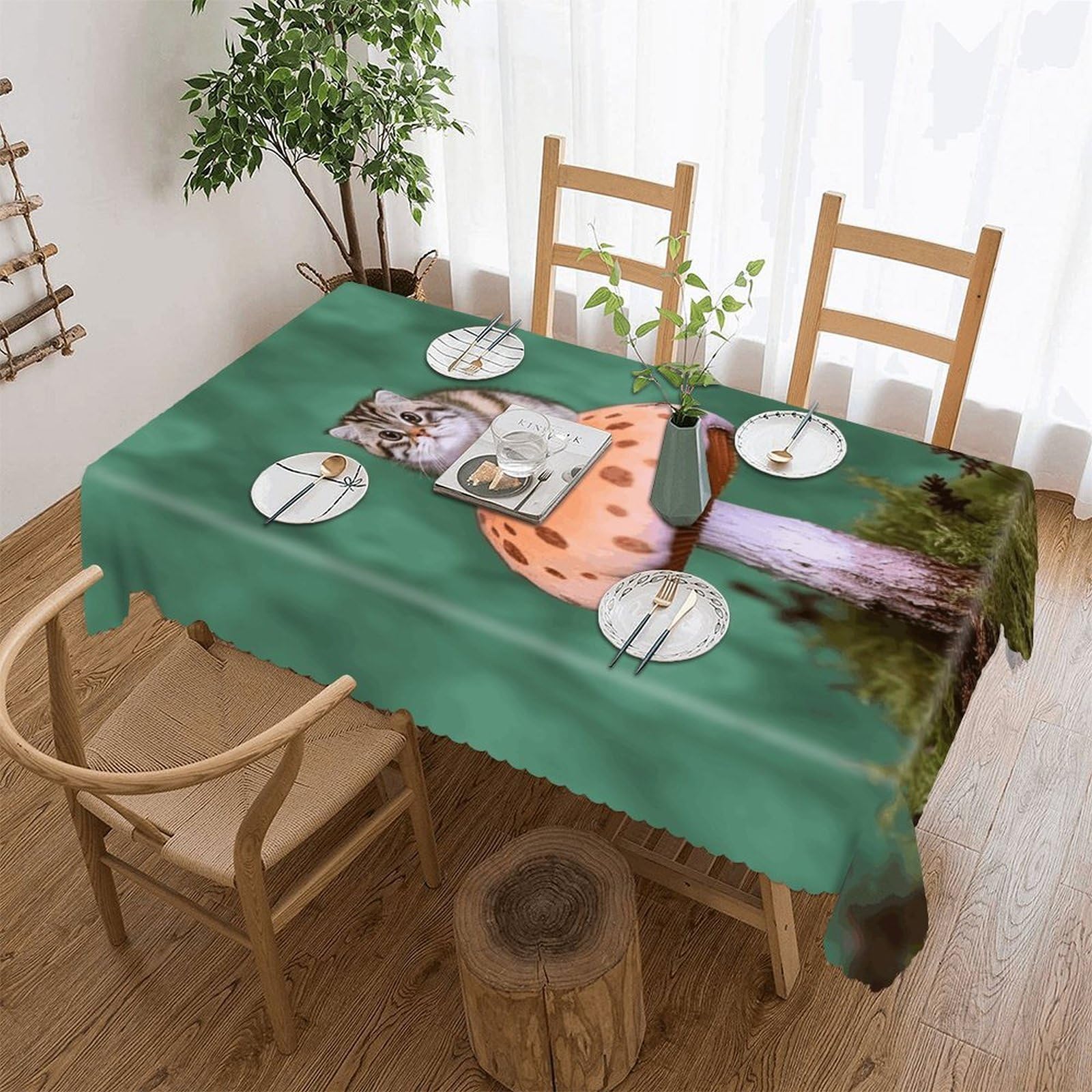 FekiLoot Cat on Mushroom Tablecloths for Rectangle Tables Wipeable Spillproof Polyester Table Cloth Wrinkle Free Farmhouse Dining Tables Cover Elegant Vintage Decor Tablecover
