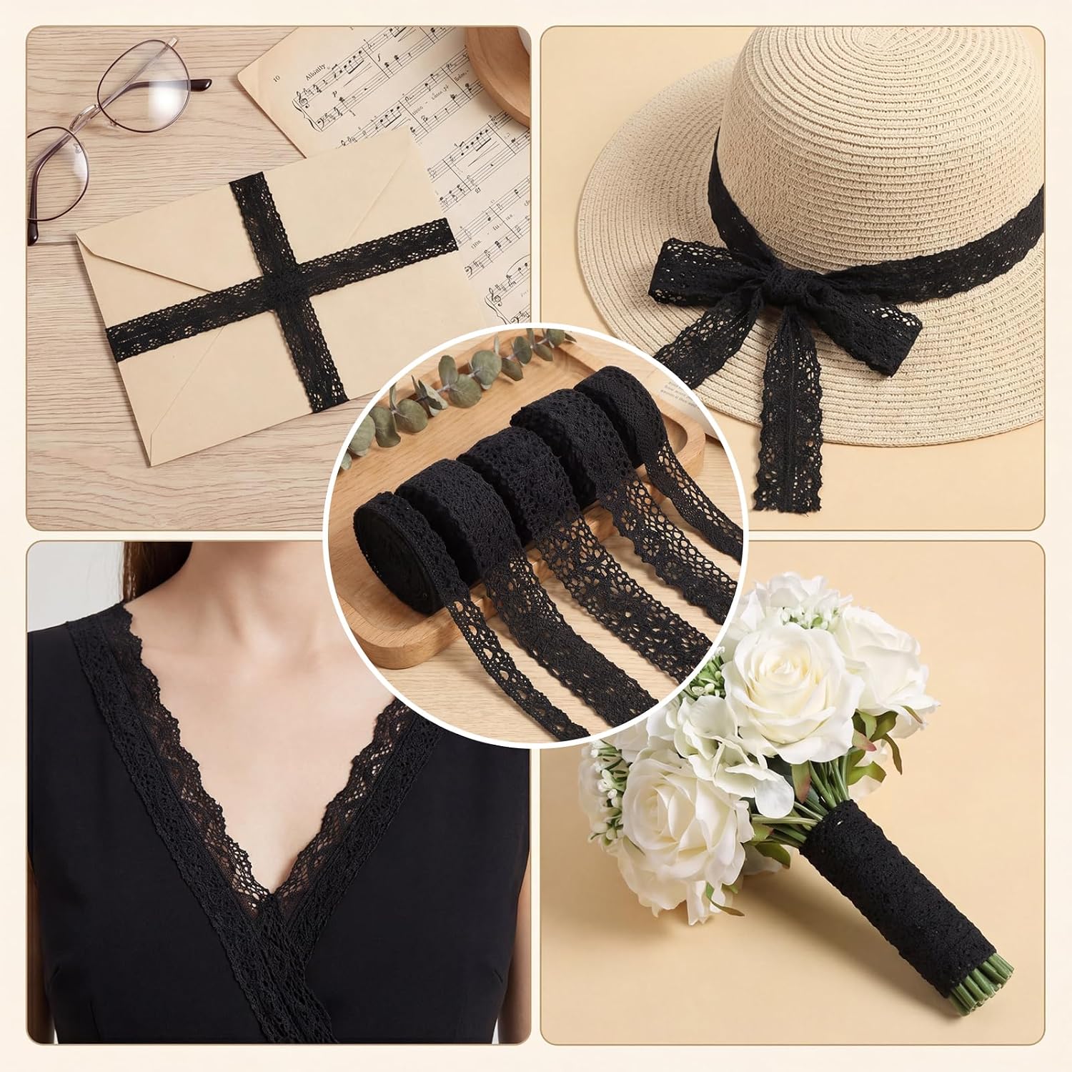 15 Yards Black Lace Ribbon, Cotton Crochet Sewing Lace Trim for Crafts Package Wrapping Wedding Decoration Wrap Scrapbooking Supplies DIY Bridal Vintage Decor (3 Yards Each, 5 Styles)