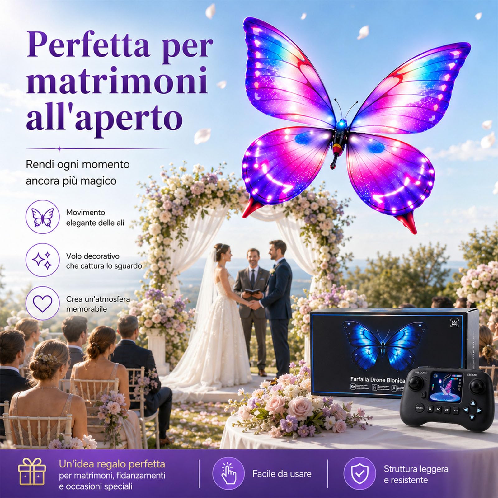 Drone Farfalla RC Bionico, Giocattolo Volante ad Ali Battenti con Luci LED e 3 Batterie, Controllo Assistito da Sensori per Principianti e Adulti
