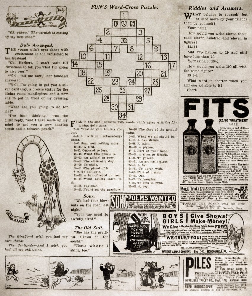 Crossword Puzzle 1913 Npage From The Fun Supplement Of The Sunday Edition  Of The New York World 21 December 1913 Featuring The First Crossword Puzzle  ...