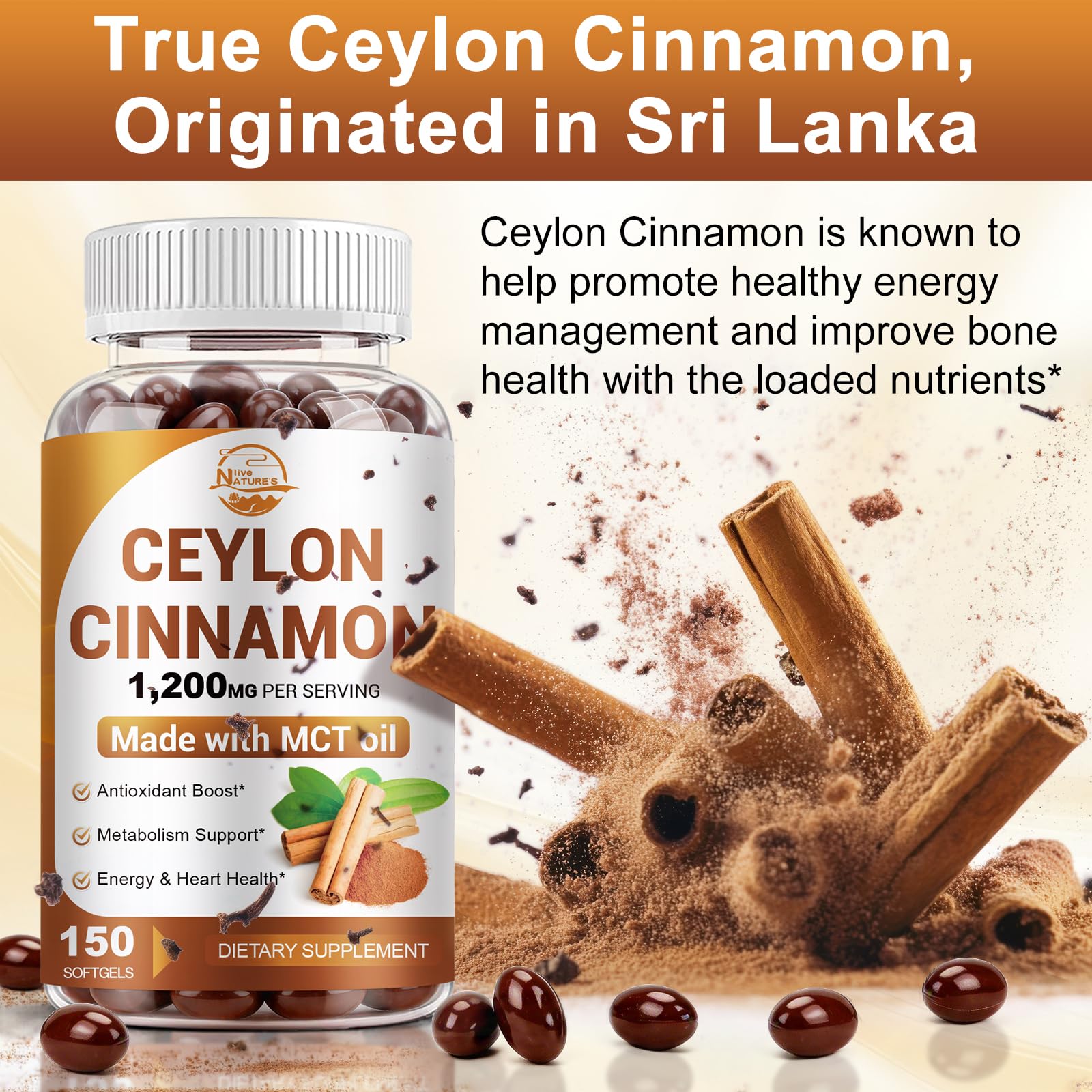 Nature's live Ceylon Cinnamon Supplement with MCT Oil, 150 Softgels — Amazon image 4