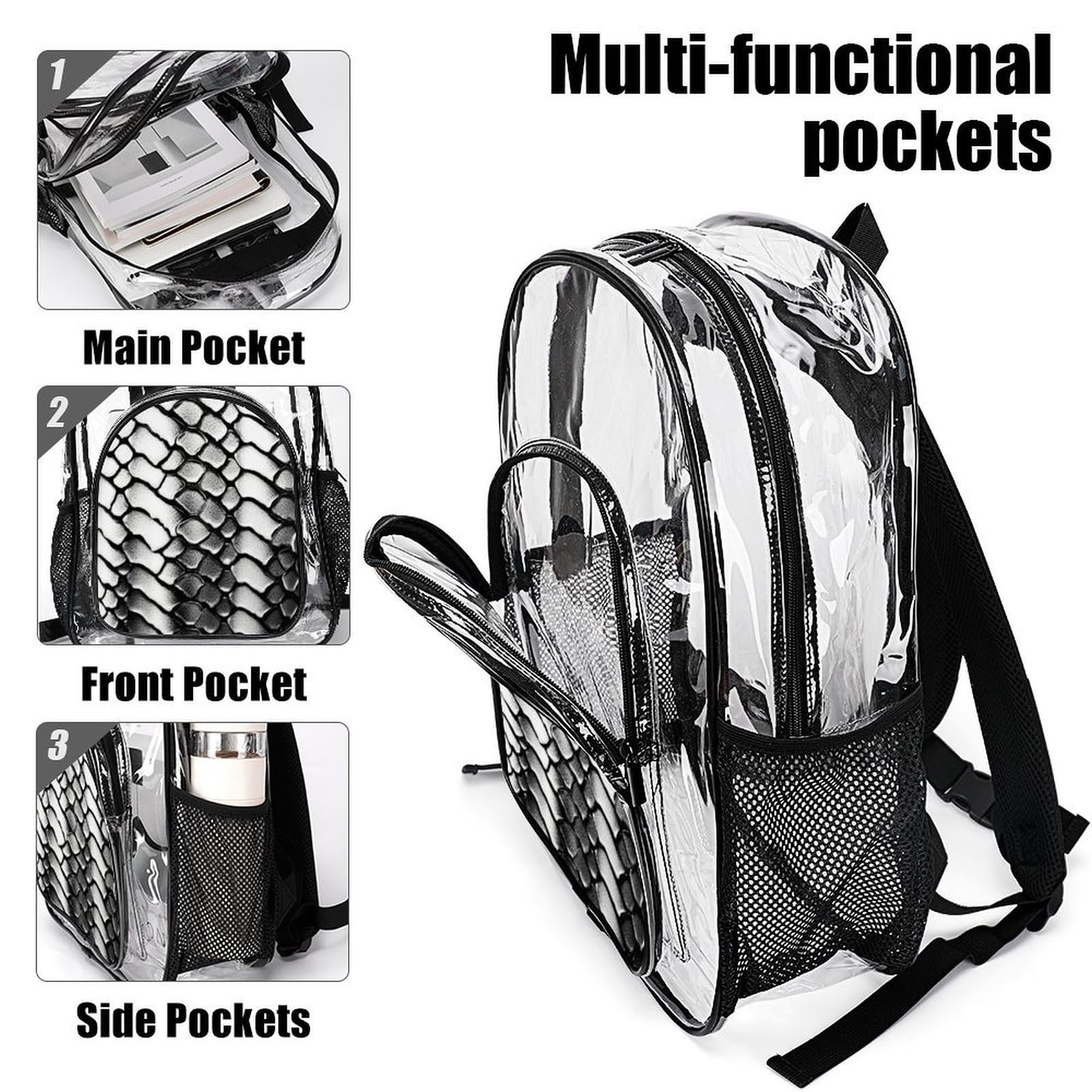 Transparenter Rucksack, Schlangenhaut-Optik, groß, transparent, PVC, Büchertasche für Sicherheit, Arbeit, Reisen, Stadion, Schwarz und Weiß