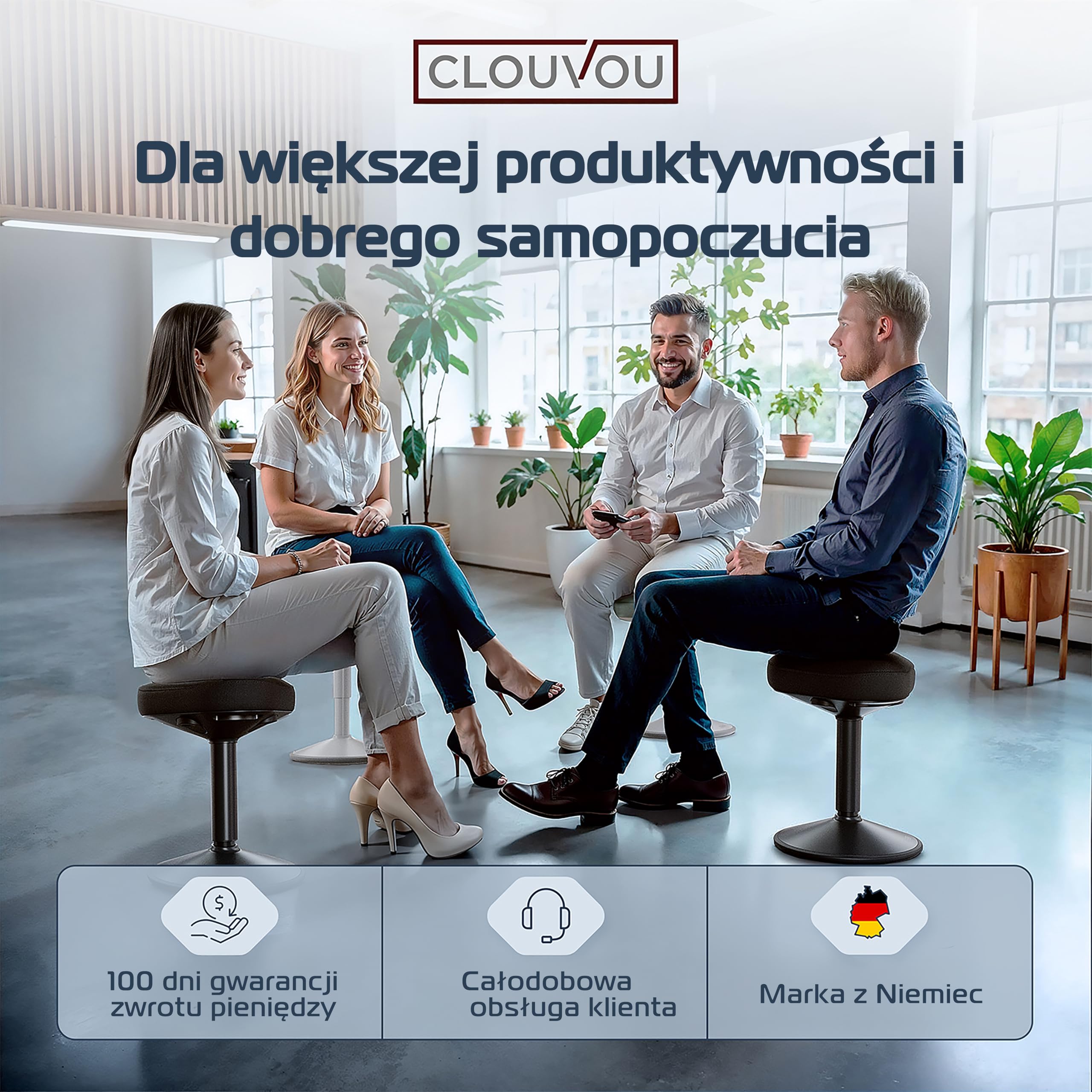 CLOUVOU Nexus Taboret ergonomiczny [ORIGINAL] Taboret regulowany w zakresie od 47 cm do 64 cm - Stołek, który ma wygodne tapicerowane siedzisko - Obrotowy stołek do salonu