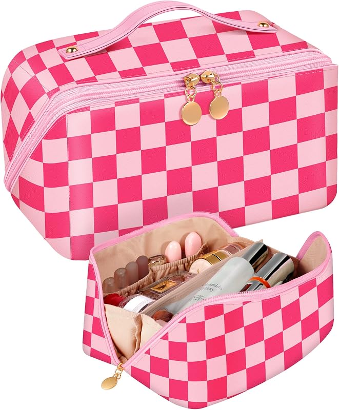 Necessaire de maquiagem Bistup com zíper, estampa xadrez rosa, abertura plana e divisórias, 1 unidade