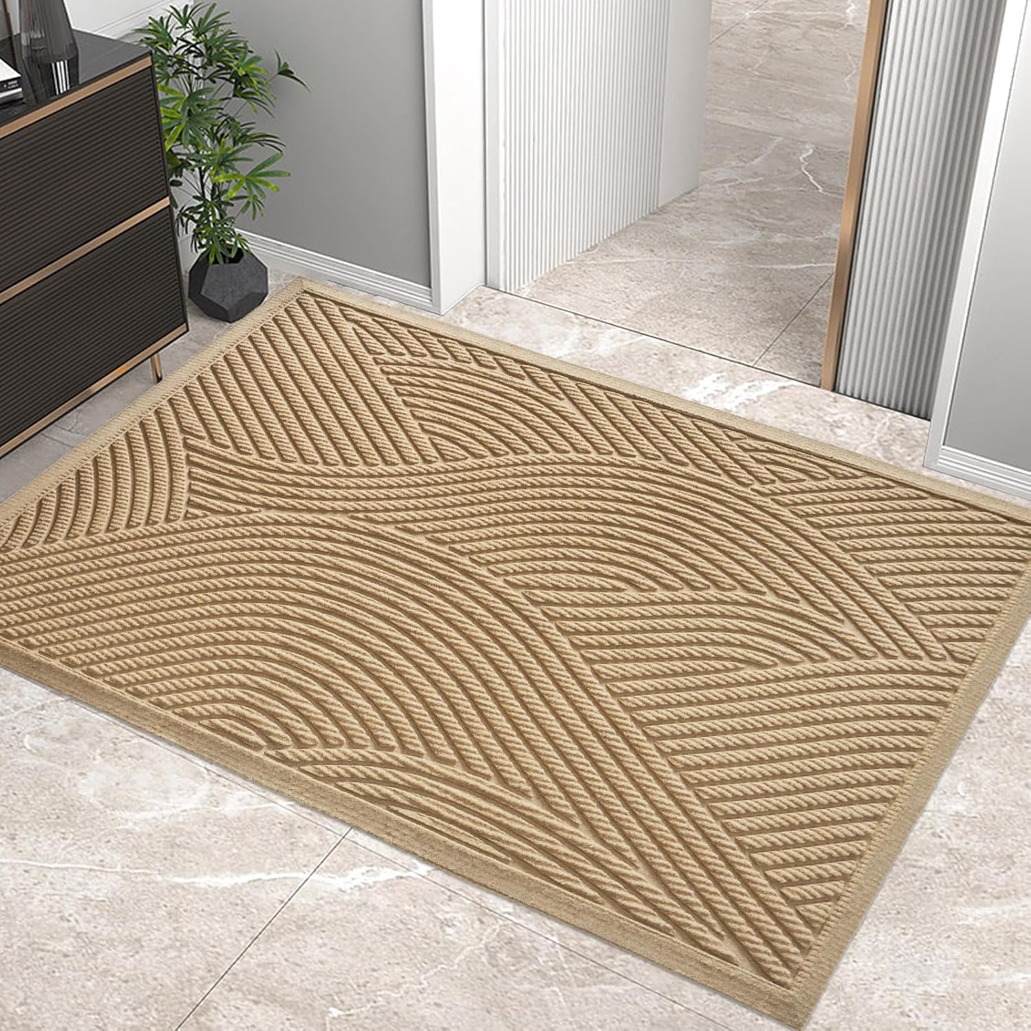 Sturdy Front Door Mat, Absorbent Muddy Dirt Resist Welcome Door Mats Outdoor Indoor, Stain and Fade Resistant, Non-Slip Backing Entry Mat Low Profile Doormat for Entryway, 47×32, Beige Beige 2'8" x 3'11" (Rectangular)