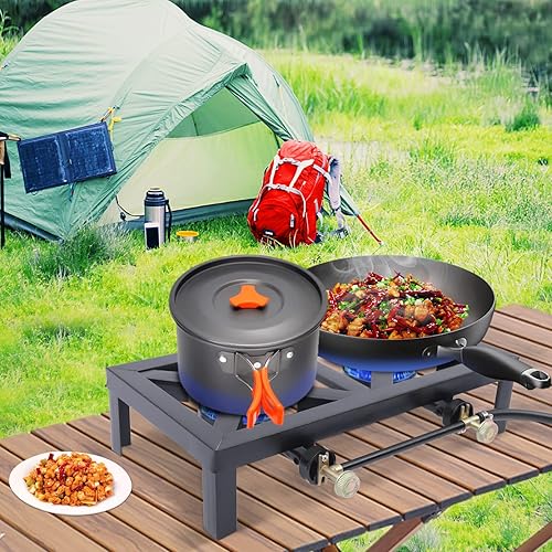 Miniatura 2 de Estufa de gas portátil de doble quemador para exteriores, con manguera reguladora ajustable de 0-20 psi, estufa de picnic para campamento al aire