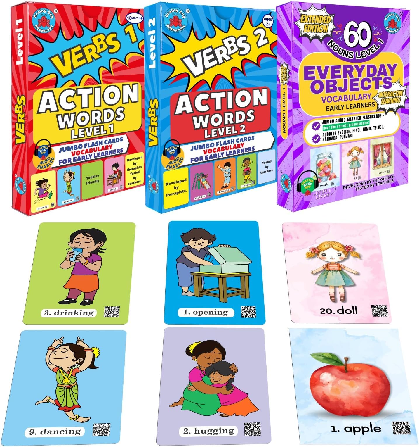 90 Early Years Flashcards with App-enabled Audio | 60 Action Words, 60 Everyday Objects | Audio in Hindi, English, Punjabi, Tamil, Kannada, Telugu | Special Needs | Spoken English