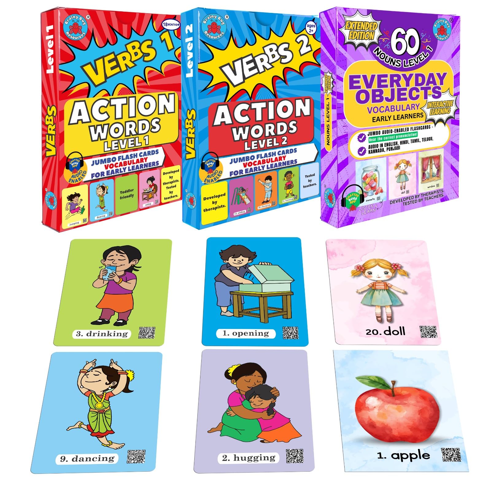 90 Early Years Flashcards with App-enabled Audio | 60 Action Words, 60 Everyday Objects | Audio in Hindi, English, Punjabi, Tamil, Kannada, Telugu | Special Needs | Spoken English