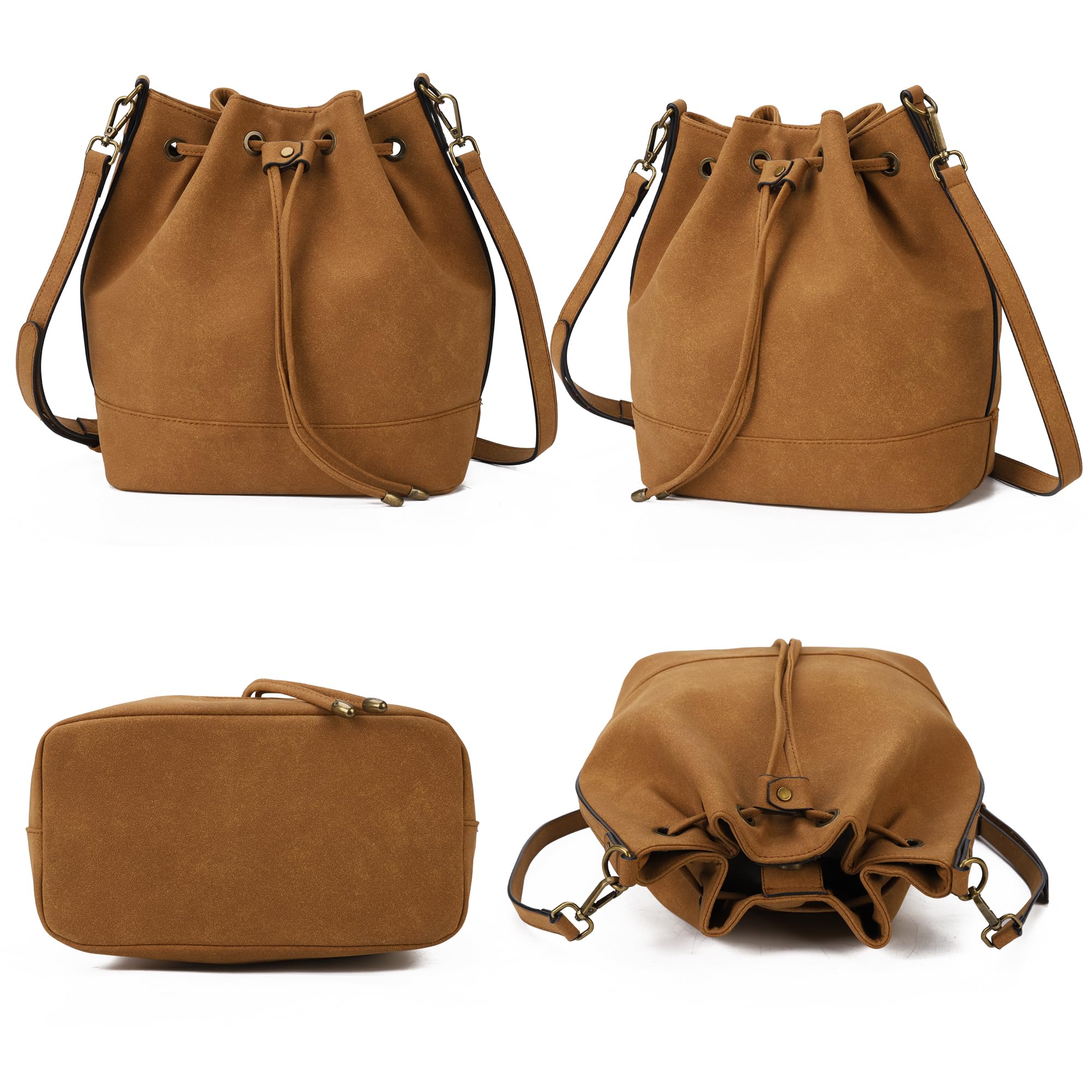 AFKOMST Borsa da donna, borsa a tracolla e borsa a tracolla da donna, alla moda, in similpelle, con coulisse e tracolla regolabile, elegante borsa per il tempo libero, marrone scamosciato