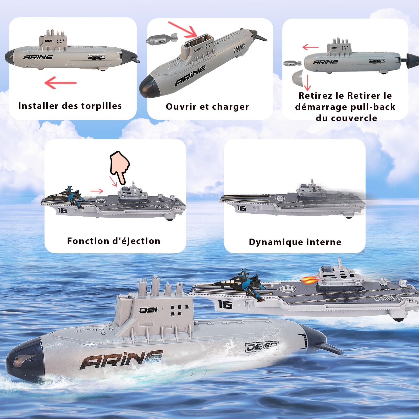 VBACALA Jouets Militaires Navals,Ensemble dejouets Porte Avions pour Enfants, Avions de Combat cuirassés avec Fonction de Repli, jouetsmilitaires U Boat