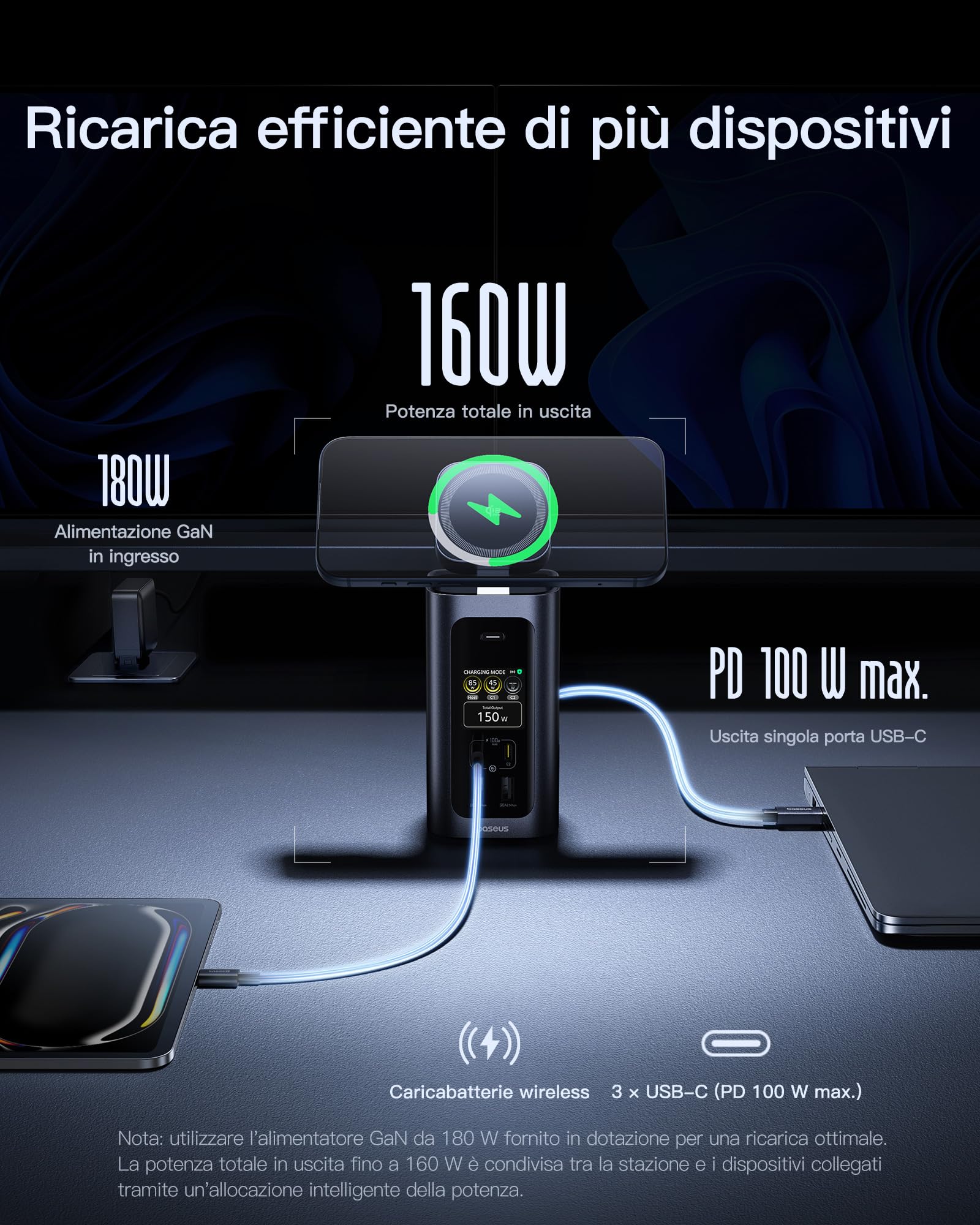 Baseus Spacemate RD1 Pro 15 in 1 Docking Station 2 Monitor per Window | Alimentatore GaN 180W, Uscita 160W 4 Dispositivi, 25W Qi2.2 Wireless, Display Intelligente, HDMI 4K@120Hz , 10Gbps USB-C/A