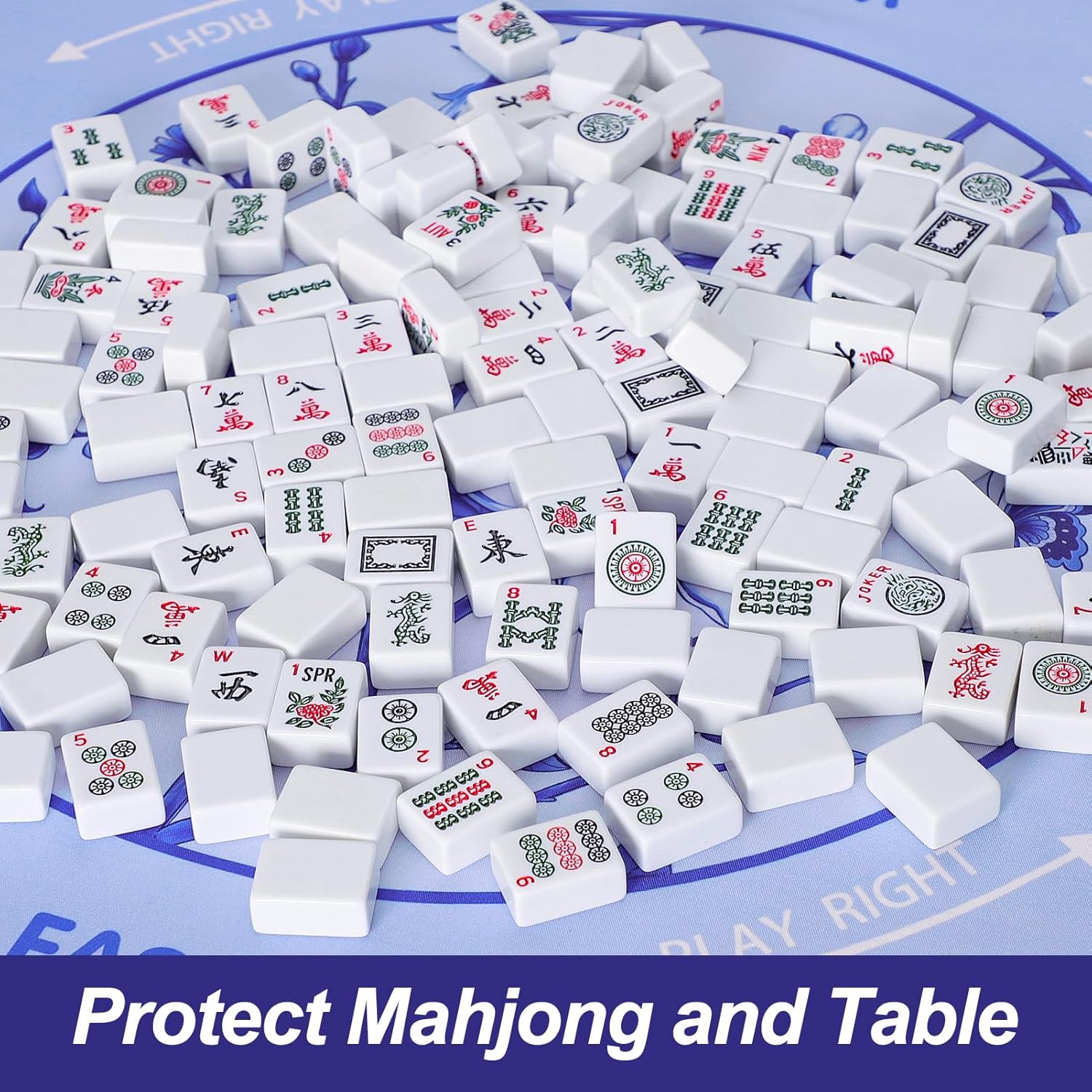 American Mahjong Learning Tablecloth, Printed Card Table Cloth, 55”x 55” Square Game Table Cover with Game Rules for Mahjong Beginners, Card, Board Games(Blue and White)