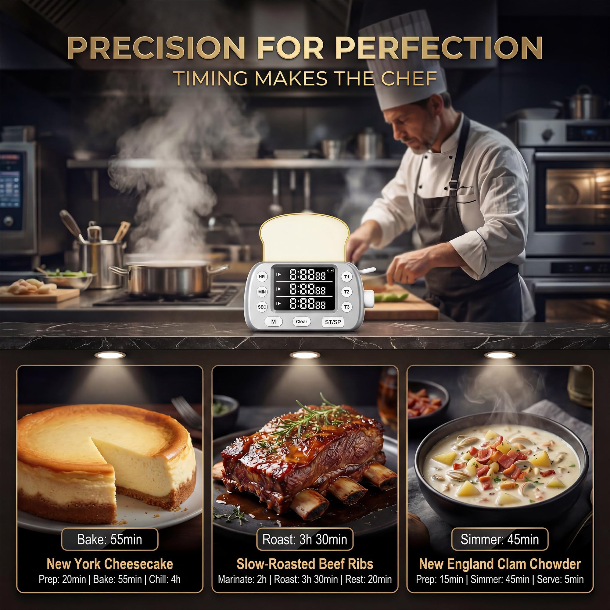 Temporizador digital de cocina para cocinar, temporizadores magnéticos de cuenta regresiva de 3 canales con memoria preestablecida para hornear, tostadora, huevos, incluye notas (plateado)