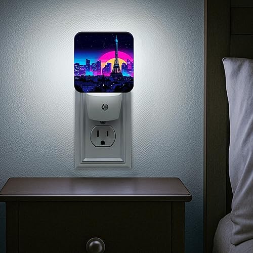 Miniatura 7 de Paris Tower Night Lights Plug Into Wall, Retro Futuristic City Skyline Sunset Summer Peach Dusk to Dawn Led Plug in Night Lights for Bathroom