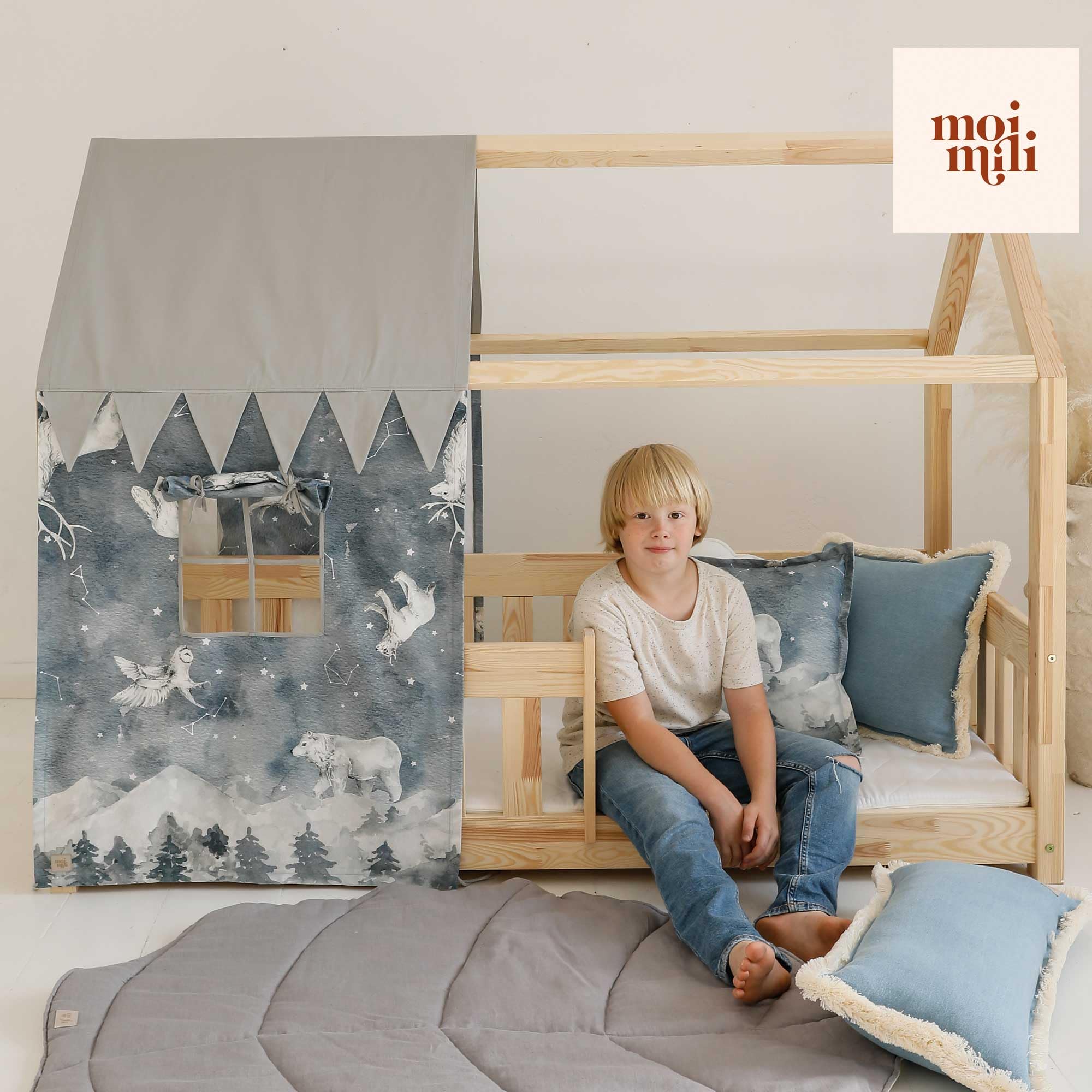 Moi Mili Dosel de cama con aspecto de casa, cortina con estampado de cielo estrellado, 300 x 80 cm, en forma de casa, con ventana para cama infantil, decoración de cama, dosel de casa