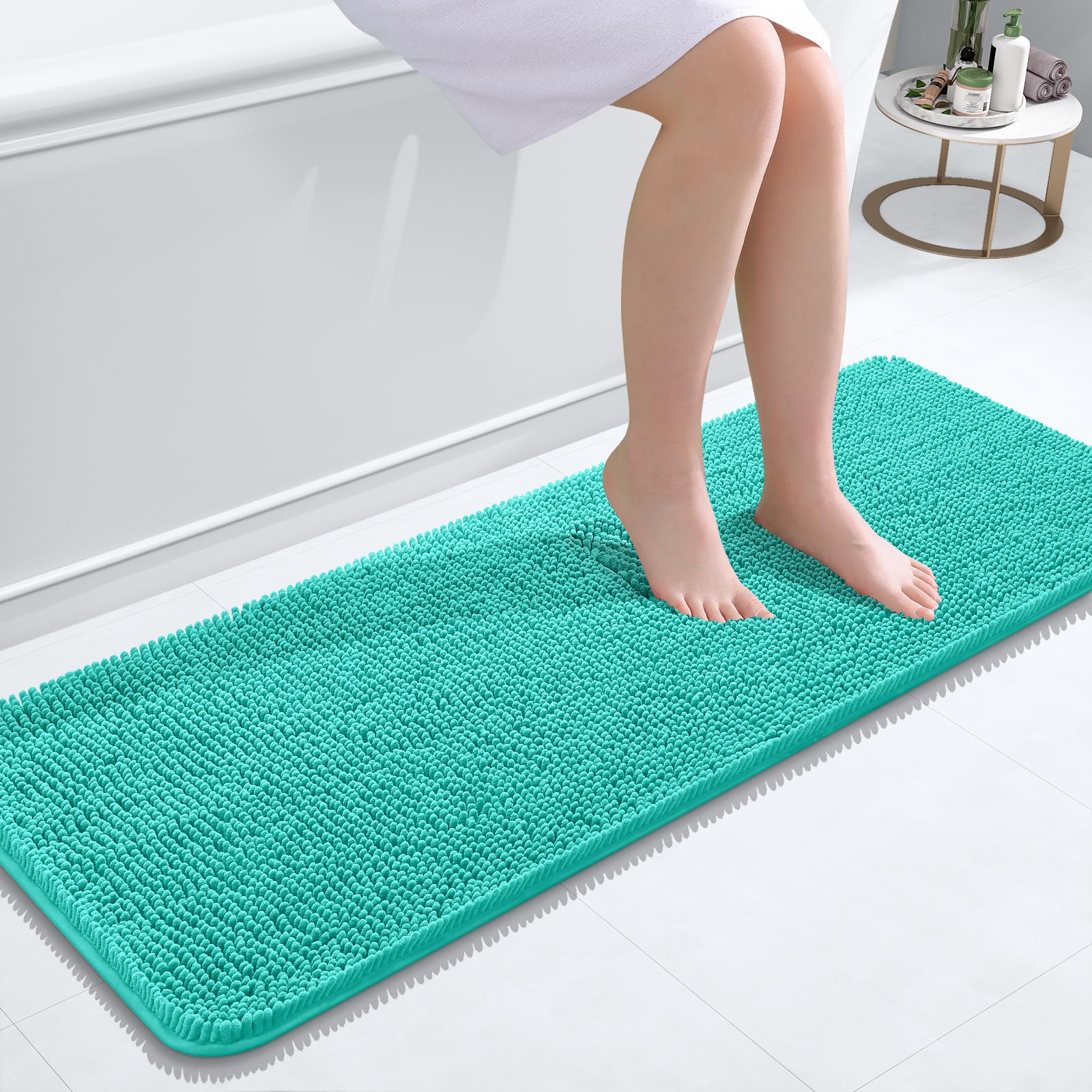 OLANLY Bathroom Rugs 47x17, Extra Soft Absorbent Chenille Bath Rugs, Non-Slip, Dry Quickly, Machine Washable, Bath Mats for Bathroom Floor, Tub and Shower, Teal