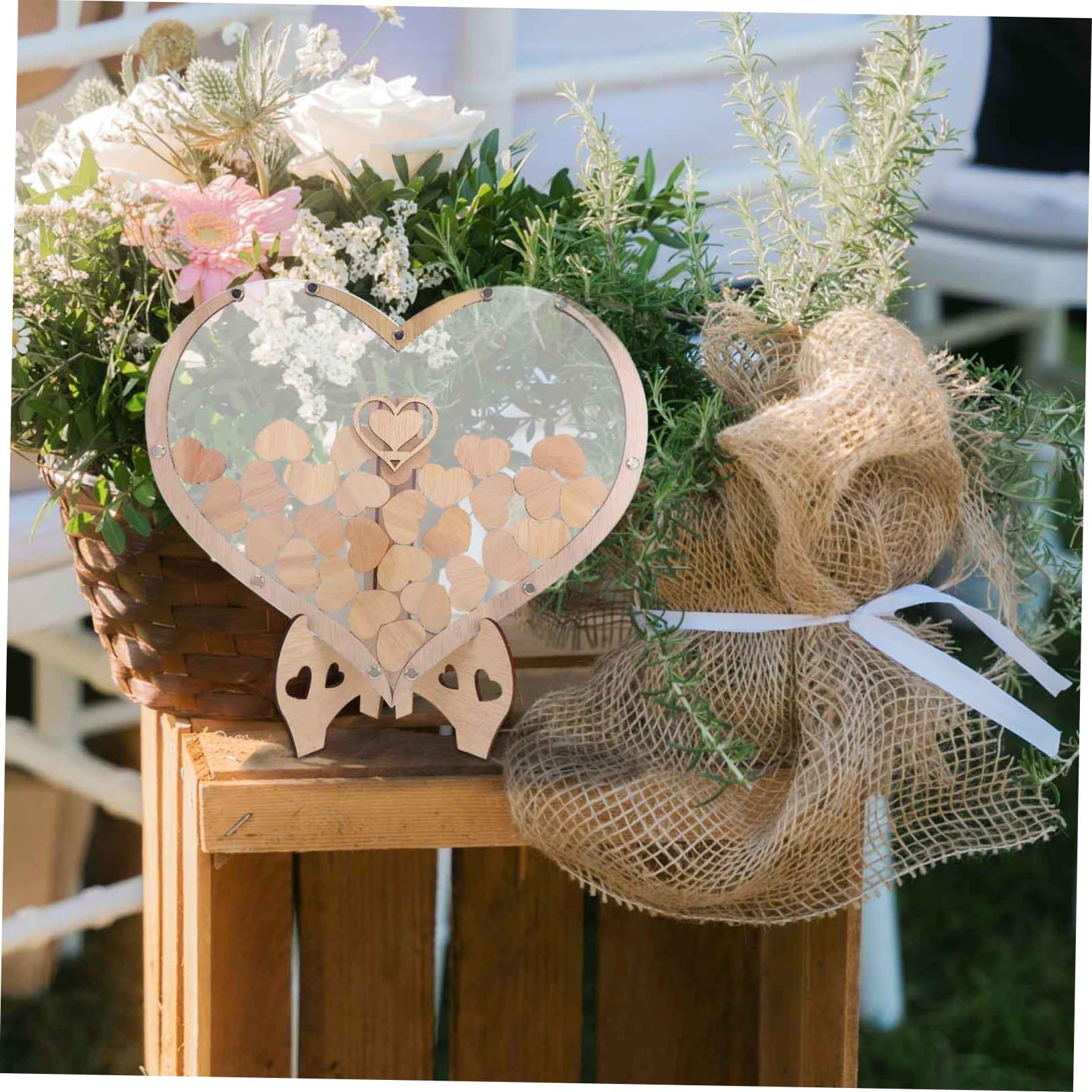 TOPBATHY Libro de Visitas de Madera con Forma de Corazón para Bodas Letrero Decorativo Marco de Corazón para Decoraciones de Bodas