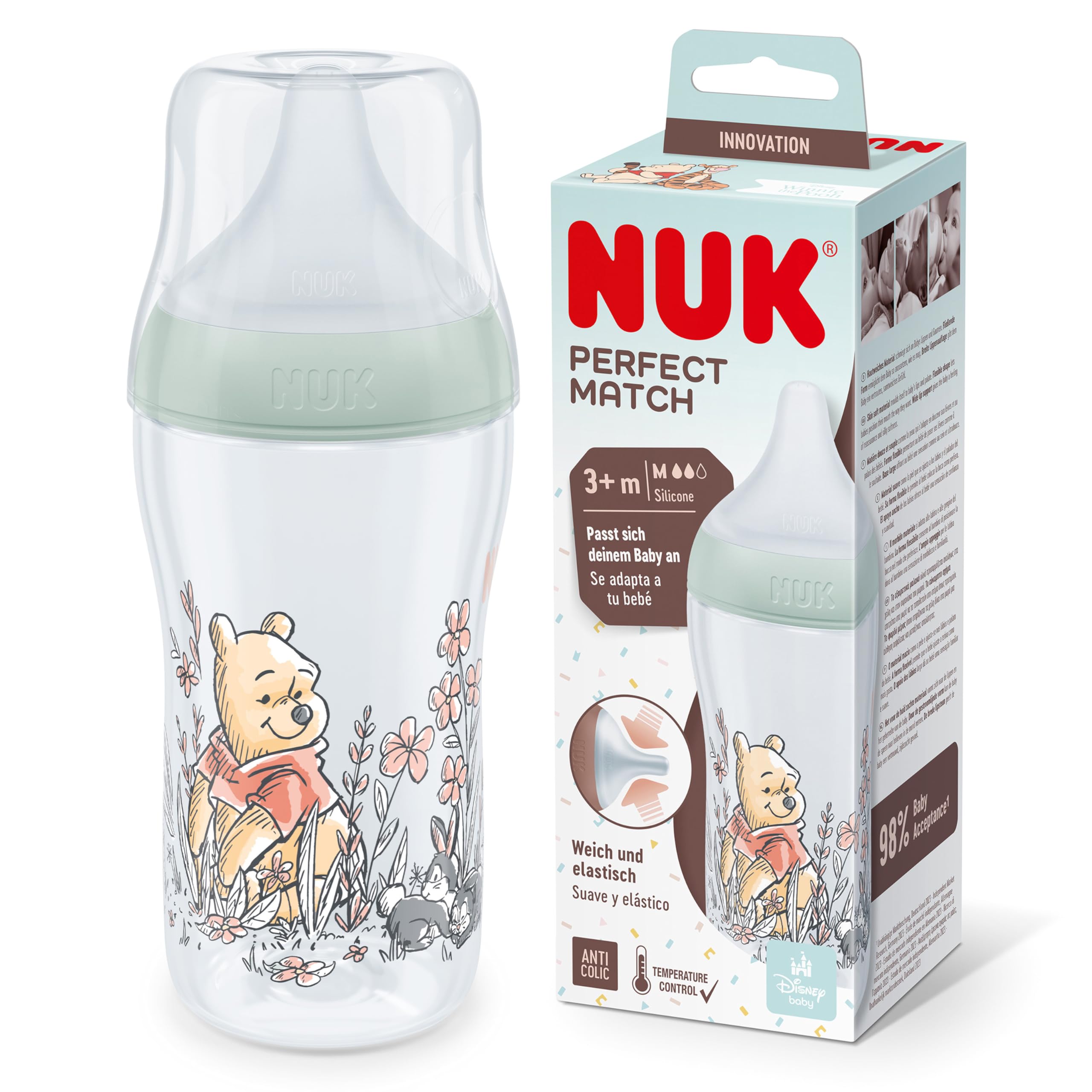 NUK Perfect Match Set de biberones | +0-6 meses | Se adapta al bebé como el pecho de mama | 3 biberones anticólico y chupete Space | Winnie the Pooh de Disney | 4 uds. — view 13