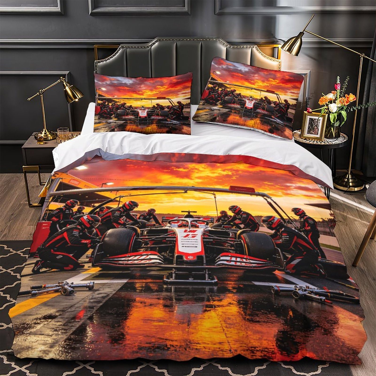 DAFUfbw Formulaa Racing Quilt Cover Double（200x200cm） With Hidden Zipper, Pit Stop Duvet Cover with Pillowcases, Soft Light Microfiber Comforter Cover