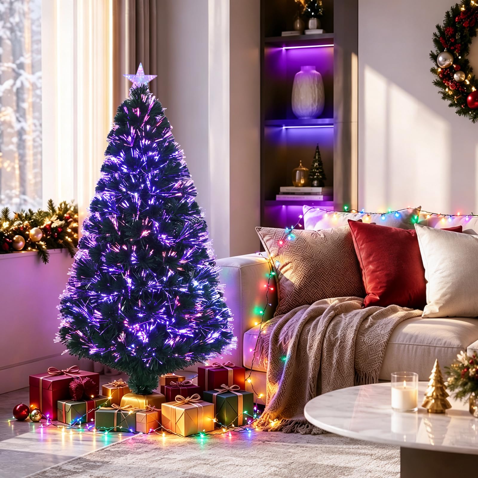 Albero di Natale artificiale verde in fibra ottica, 1,2 m, con supporto