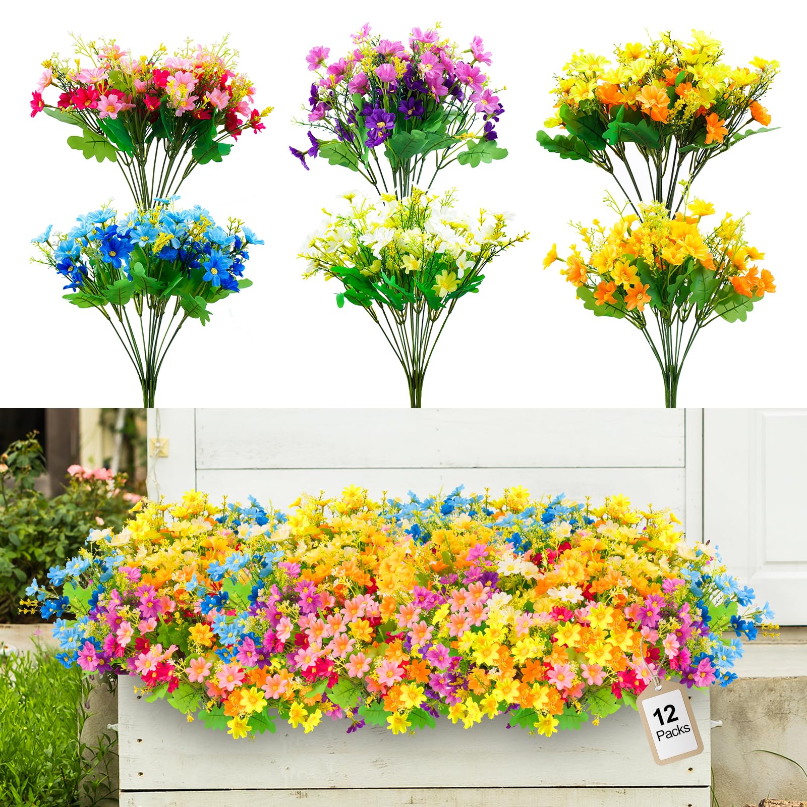 Juertime 12 Bundles Artificial Flowers Outdoor, UV Resistant Fade Proof Daisy Faux Silk Flowers Fake Plants for Hanging Baskets, Garden, Porch, Window Box Decor (Multicolor)
