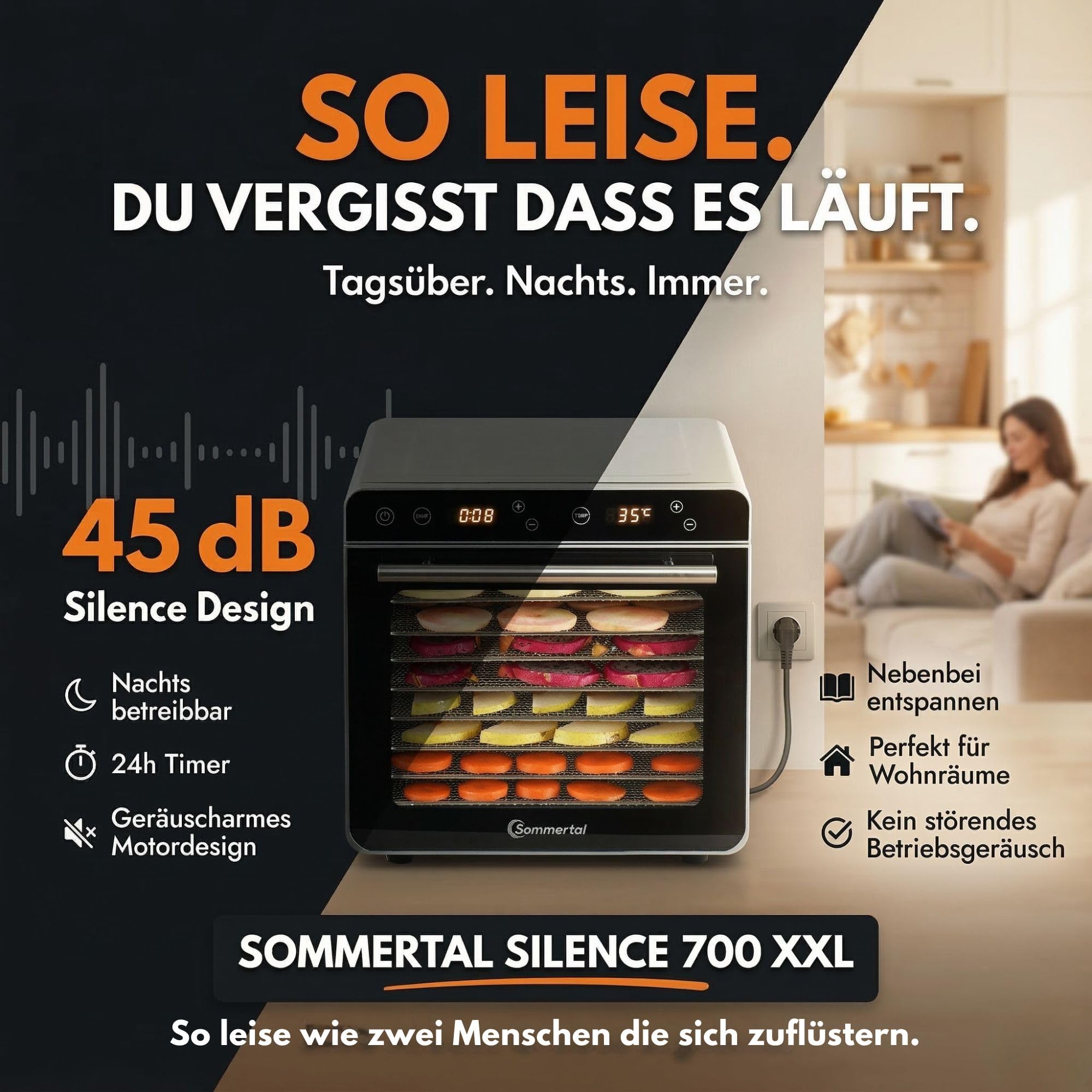 Sommertal Dörrautomat Silence 700 XXL | 8 Edelstahlgitter, 700W, BPA-frei | Food Dehydrator, Timer, LED-Display, Temperatur 35-85°C, Rezeptbuch, Dörrgerät für Obst, Fleisch, Gemüse & Kräuter