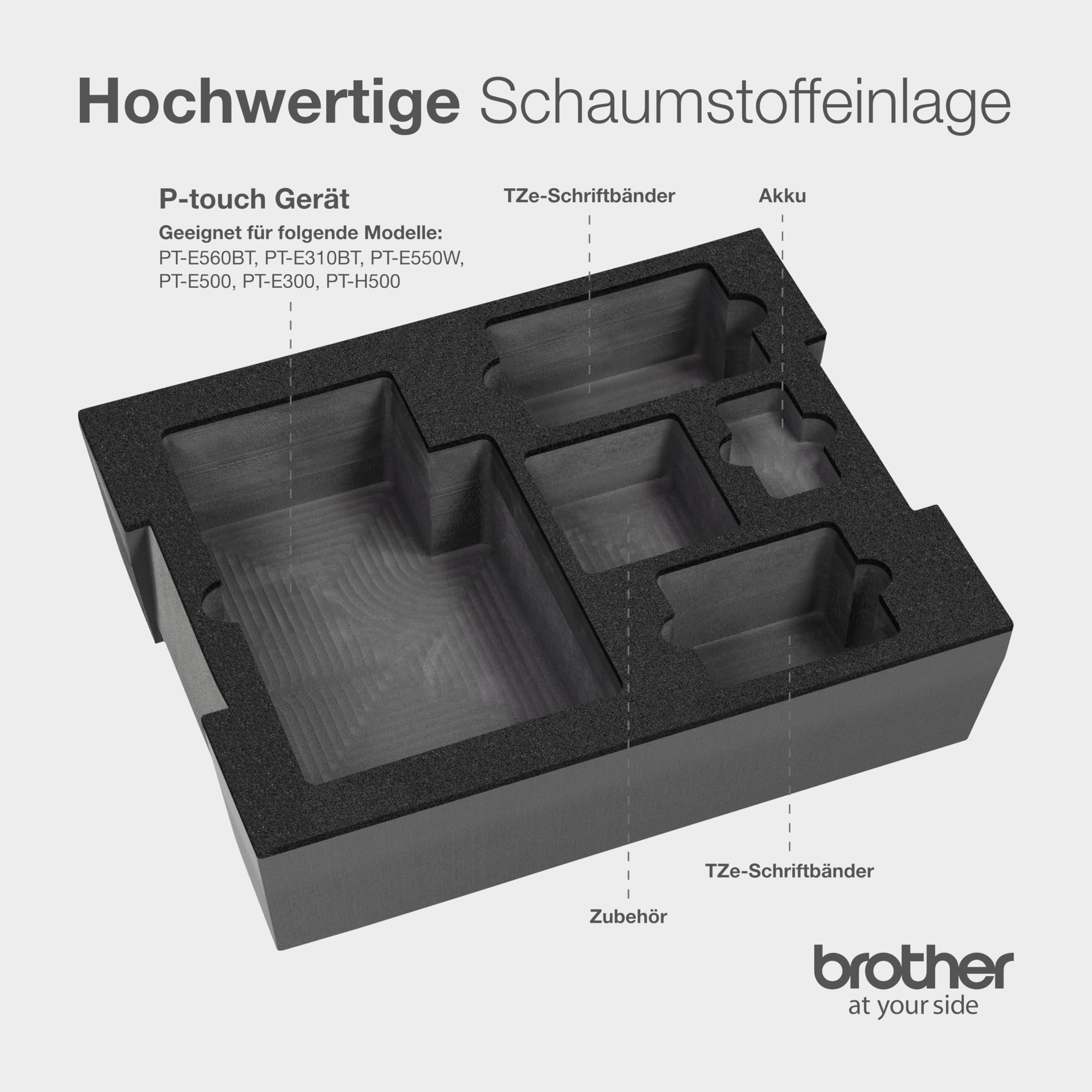 PT-E560BT e Brother L-BOXX 136 con inserto in gommapiuma, certificato da Brother International GmbH