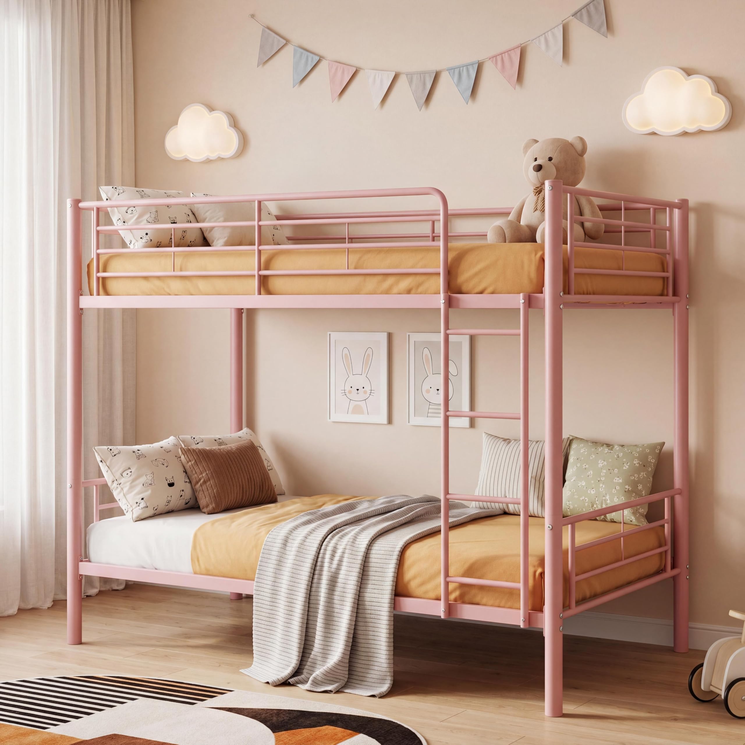 Panana Twin Over Twin Bunk Beds, Modern 3FT Single Metal Bed Frame Home Sleep For Kids/Adult Children Bed Frame With Stairs (Pink)