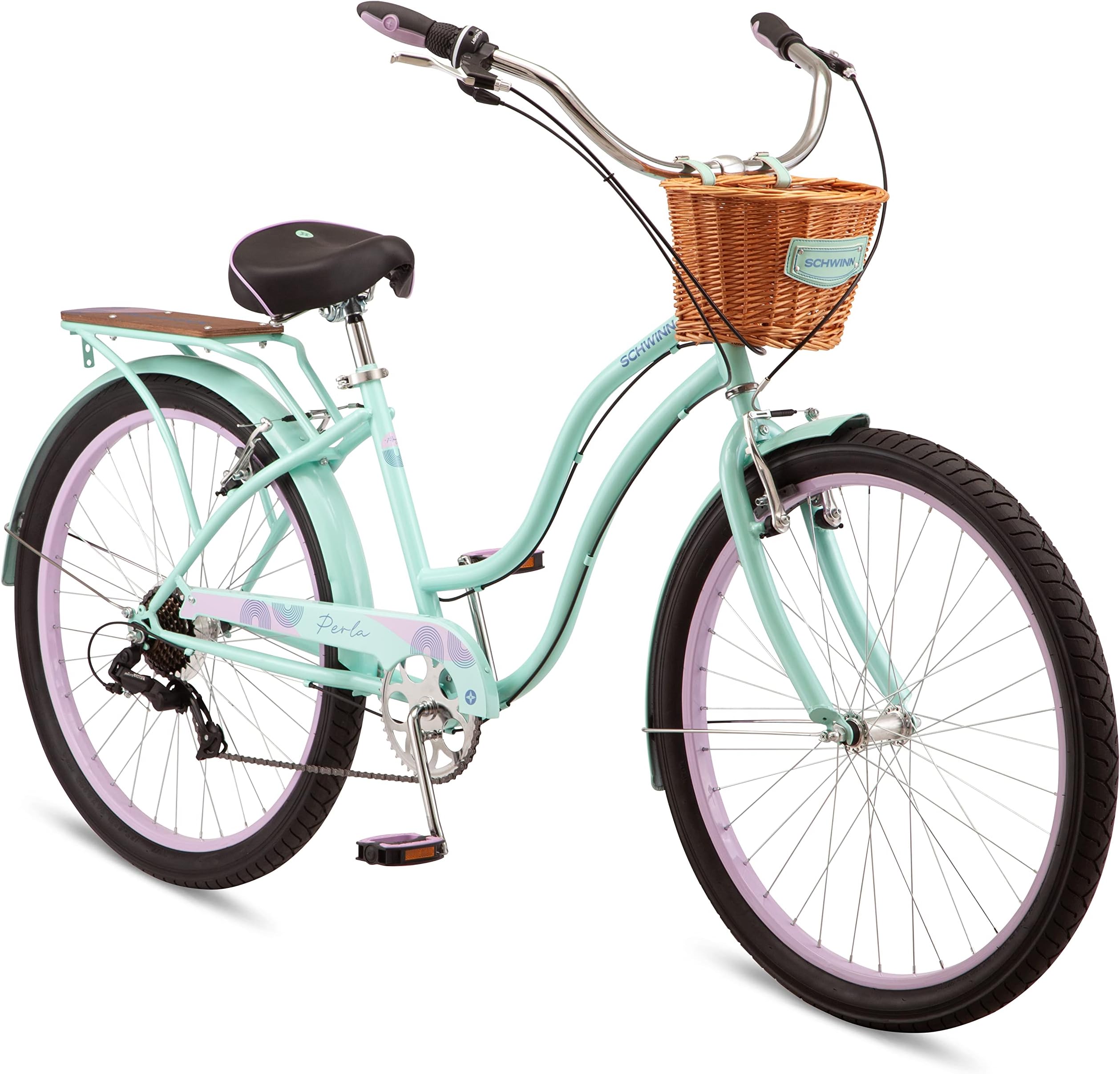 SchwinnPerla Women's Cruiser Bicycle, Featuring 17-Inch Step-Through Steel Frame and 7-Speed Drivetrain with Front and Rear Fenders, Rear Rack, and 26-Inch Wheels, Mint