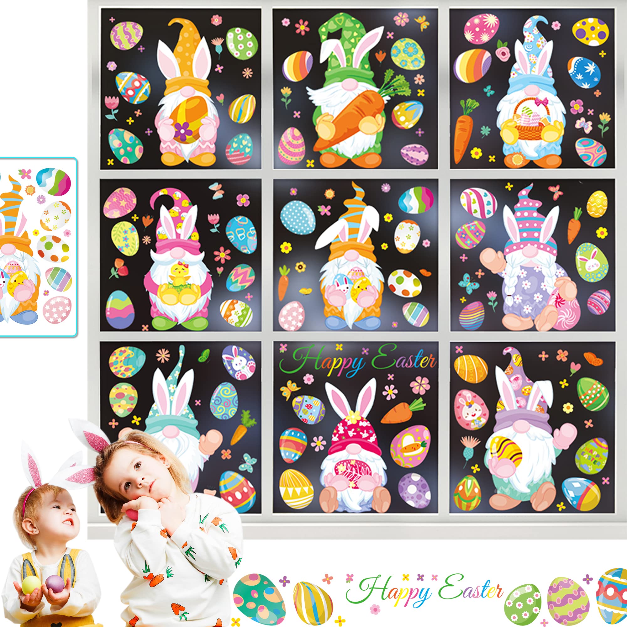 Wraphay Easter Gnome Window Clings Stickers Spring Gnome Double Sided Glass Window Sticker Decals Easter Egg Funny Party Home Decorations Window Decals for Kids Gift
