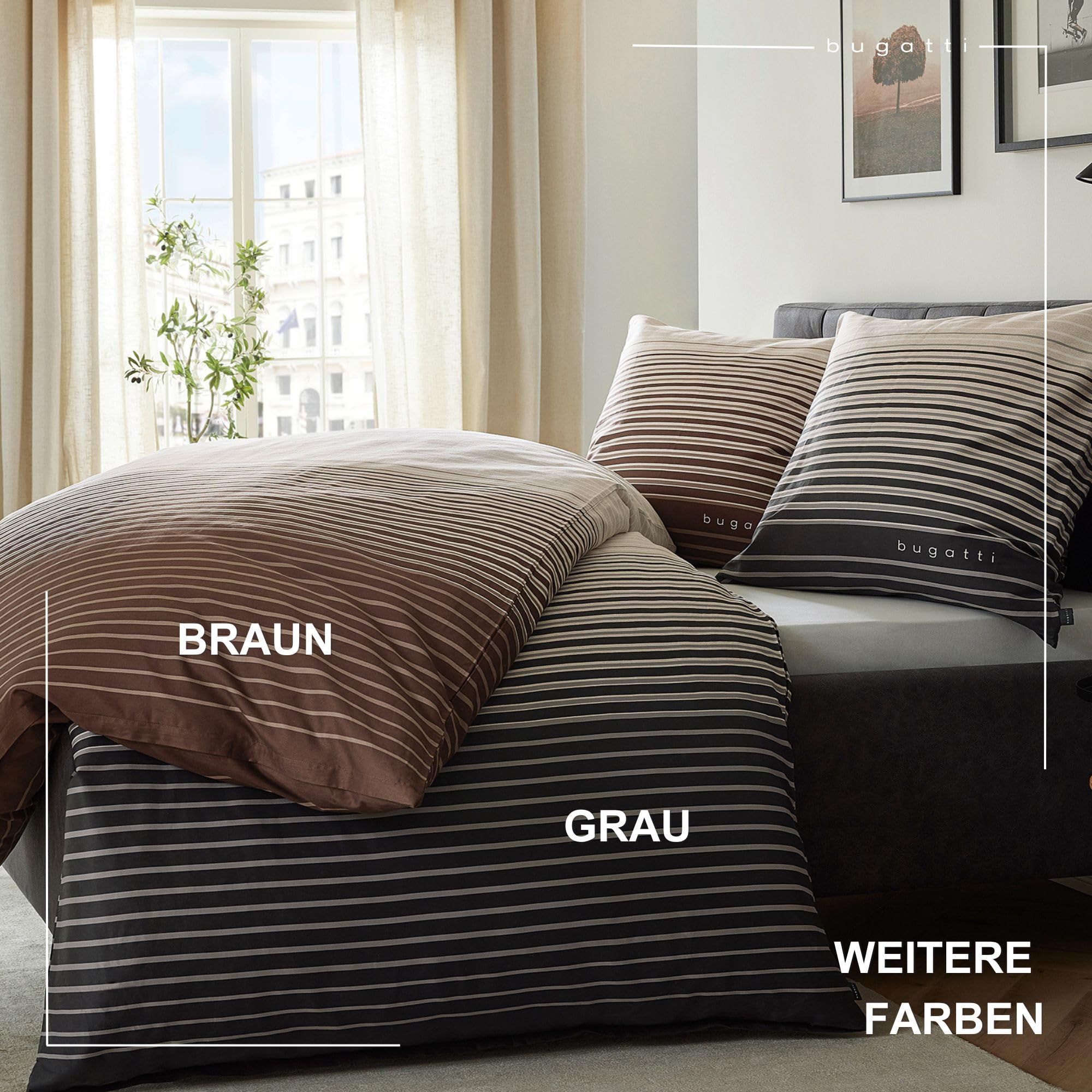 bugatti Bettwäsche 135x200 cm - 100% Baumwolle, Reißverschluss, anschmiegsam, weich & waschbar, Satinbettwäsche braun gestreift