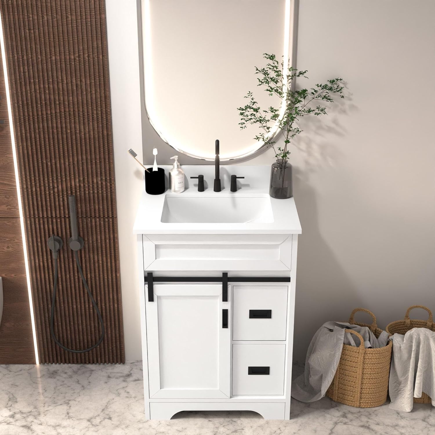 24" Bathroom Vanity with Single Sink Combo, Freestanding Farmhouse Bathroom Cabinet with Sliding Barn Door, 2 Drawers and Undermount Ceramic Sink, White