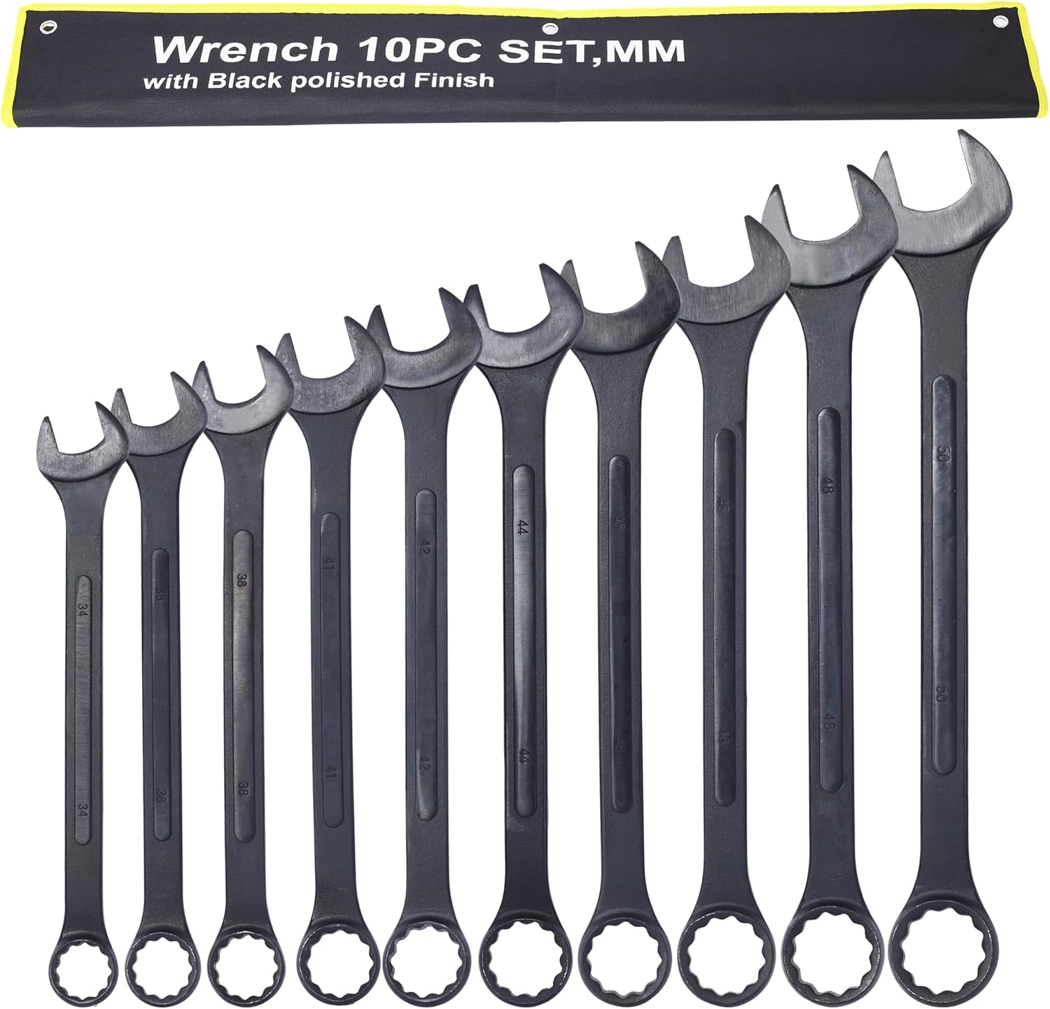 10 PC Black Oxide Metric Jumbo Combination Wrench Set, 34-50mm, Extra Large, Carbon Steel, Versatile and Durable with Convenient Storage Pouch - Ideal for Heavy Duty Applications
