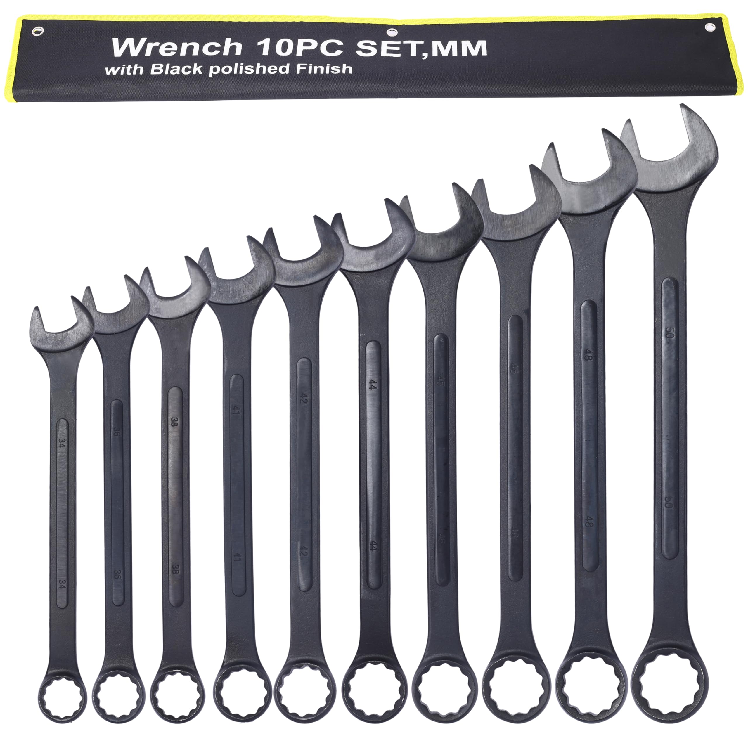 Nanberone 10PC Jumbo Combination Wrench Set - Metric 34 to 50mm Extra Large Multifunctional Wrench Sets with Pouch | Black Oxide