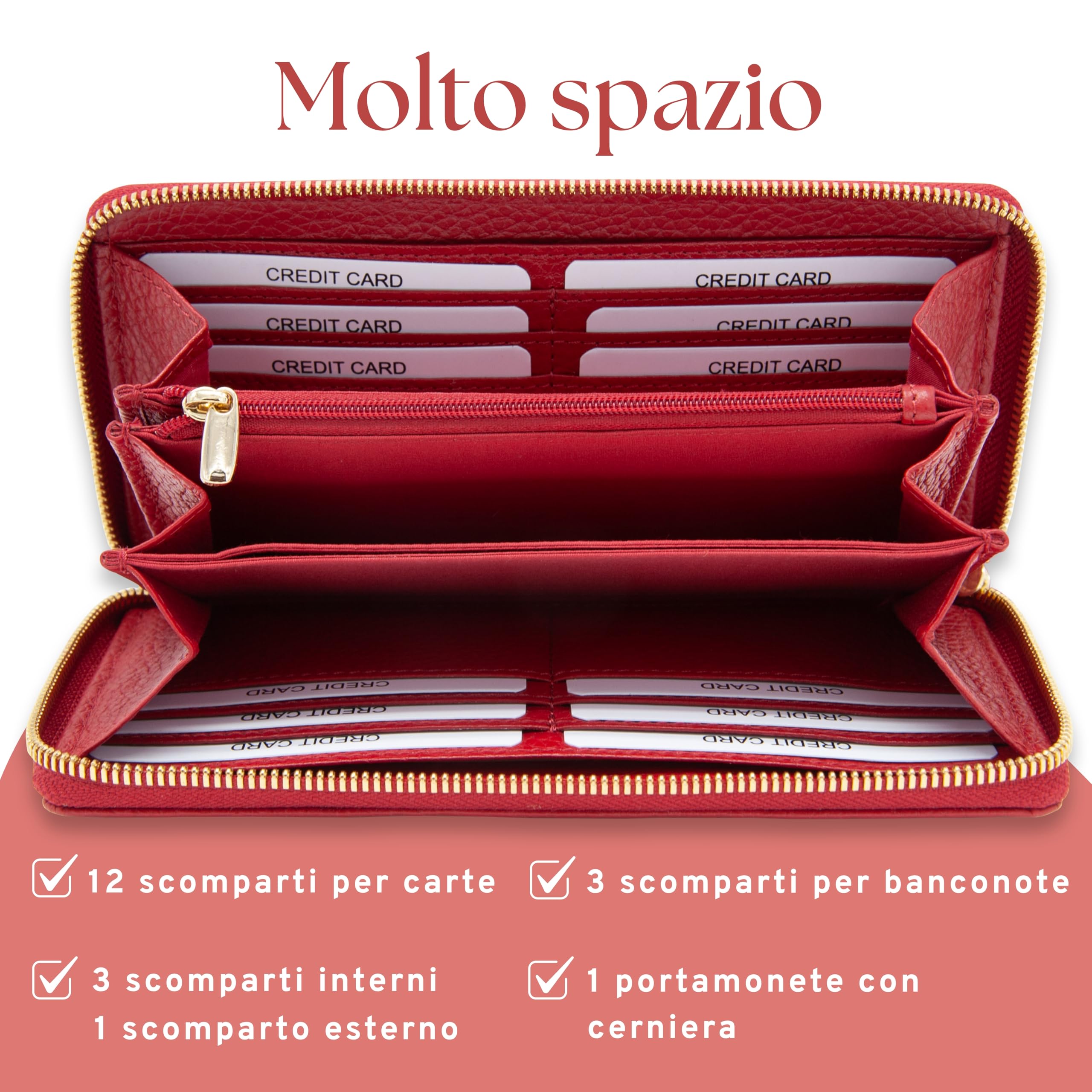 Baur portafoglio da donna – vera pelle con protezione RFID – portafoglio grande con 12 scomparti per carte – cerniera a giro in metallo (Cerniera oro, Rosso)