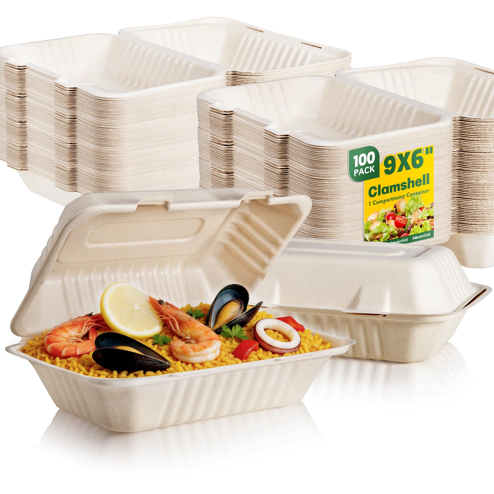 100 Pack Compostable To Go Food Containers 9×6" | Disposable Clamshell Take Out Lunch Boxes with Lid | PFAS-Free Biodegradable Bagasse, Heavy-Duty Microwave Freezer Safe, Meal Prep